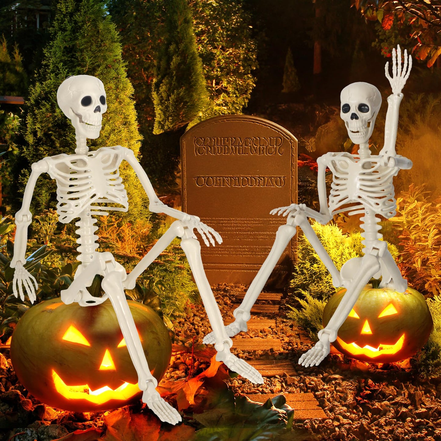 2 Pack 36" Skeleton Halloween Decorations,3Ft Plastic Posable Skeleton with Movable Joints,with 20 Spiders & Spider Webs for Halloween Party Decorations,Yard Haunted House Props Indoor Outdoor Decor