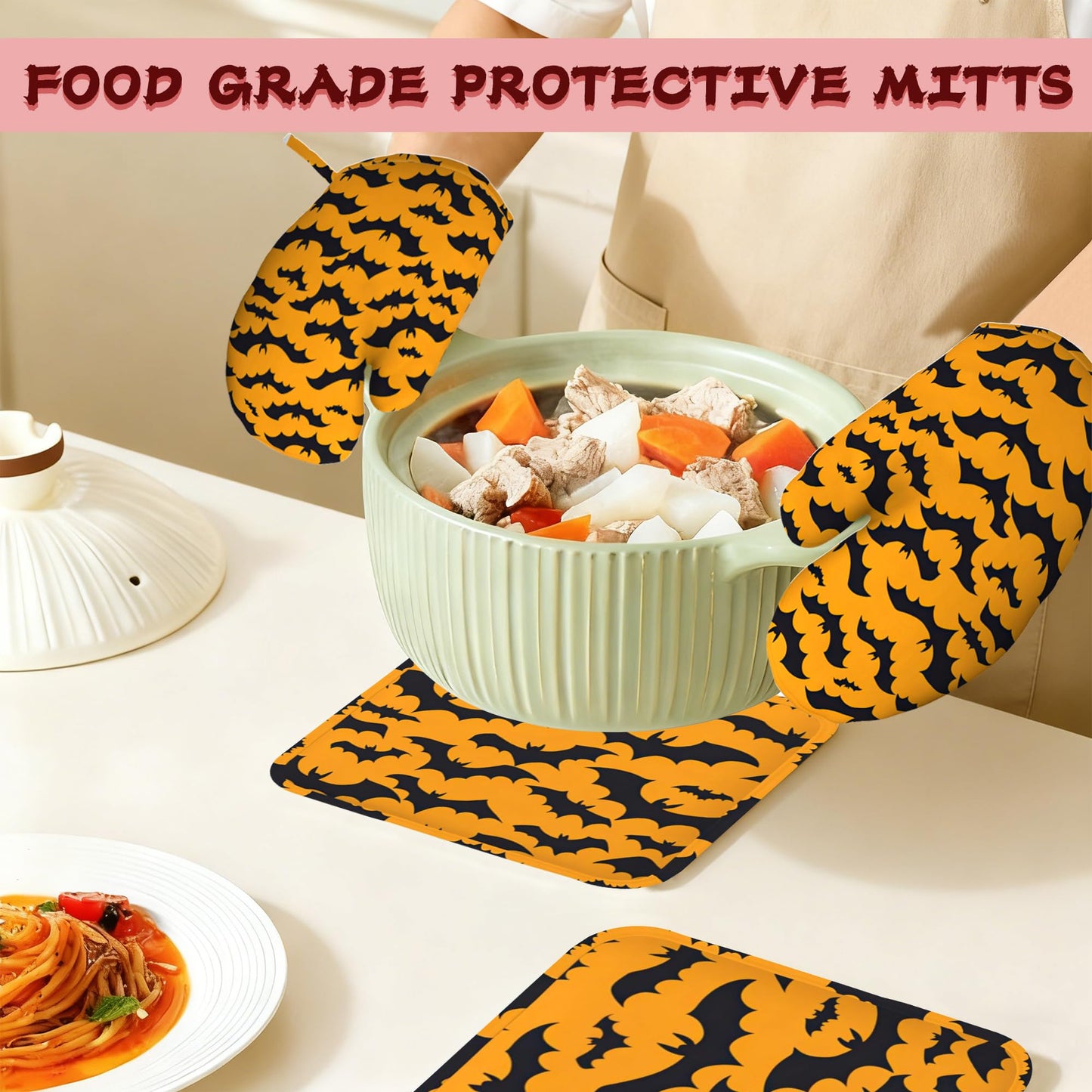 Halloween Bat Heat-Resistant Silicone Oven Mitts and Pot Holders 4 Piece Set,Extra Long Non-Slip Kitchen Oven Gloves for Cooking, Baking, BBQ,Grilling