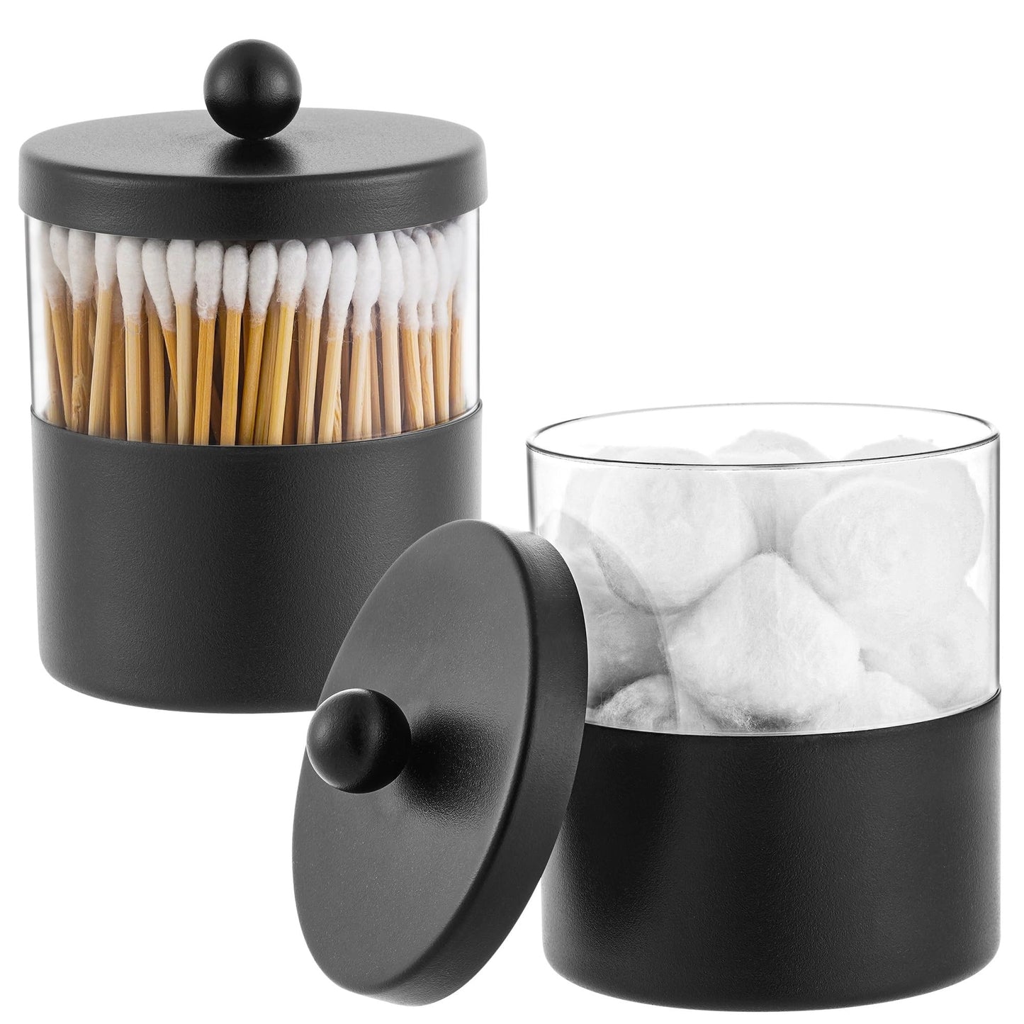 Gaussra Black Apothecary Jars, Black Qtip Holder - Stainless Steel Bathroom Jar with Stickers - Farmhouse Decor Qtip Dispenser for Qtips, Cotton Balls, Swabs, Makeup Sponges (2-Pack)