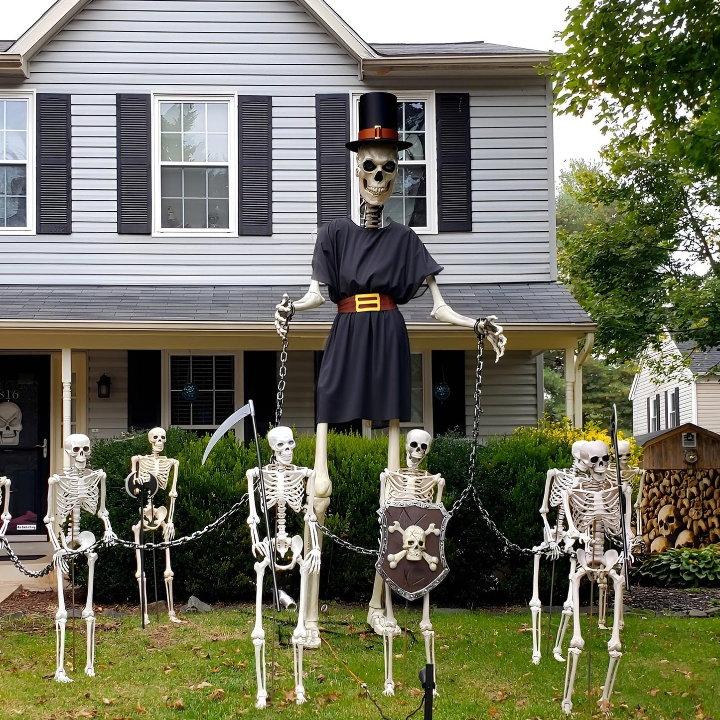 Tarpop 2Pcs Halloween 12 ft Skeleton Outfit Set Giant Skeleton Pilgrim Costume Includes Black Jazz Hat Pilgrim Jacket for Halloween Thanksgiving Outdoor Yard House Prop Decorations