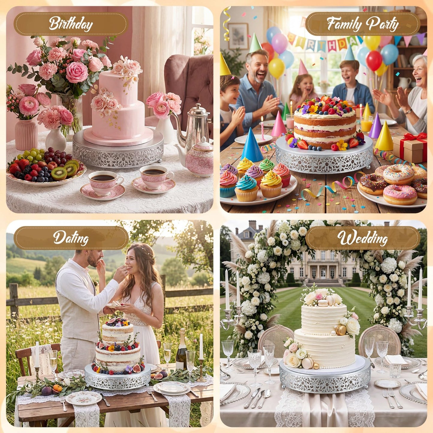 Wenqik 12 Inch Silver Cake Stand Set Metal Round Cupcake Dessert Stand with Cake Cutting, Spatula Wedding Cupcake Pastry Display Candy Holder Display for Wedding Party Birthday Baby Shower(Classic)