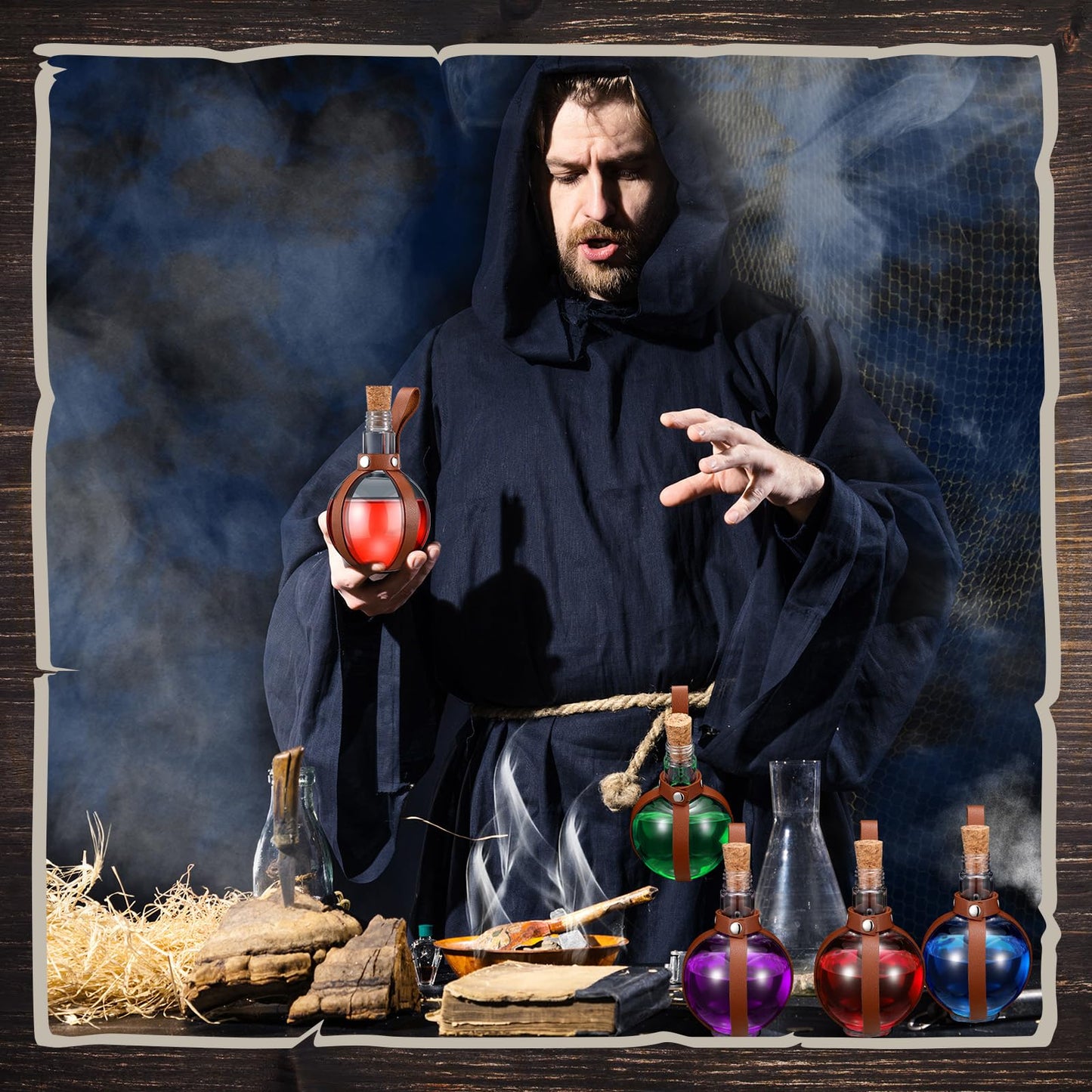 Baderke 3 Set 8 oz Plastic Potion Bottle with Cork Stopper Cosplay Accessories with Leather Belt Witch Cosplay Props Decorative Round Spherical Bottles for Halloween Party Decorations (Coffee)