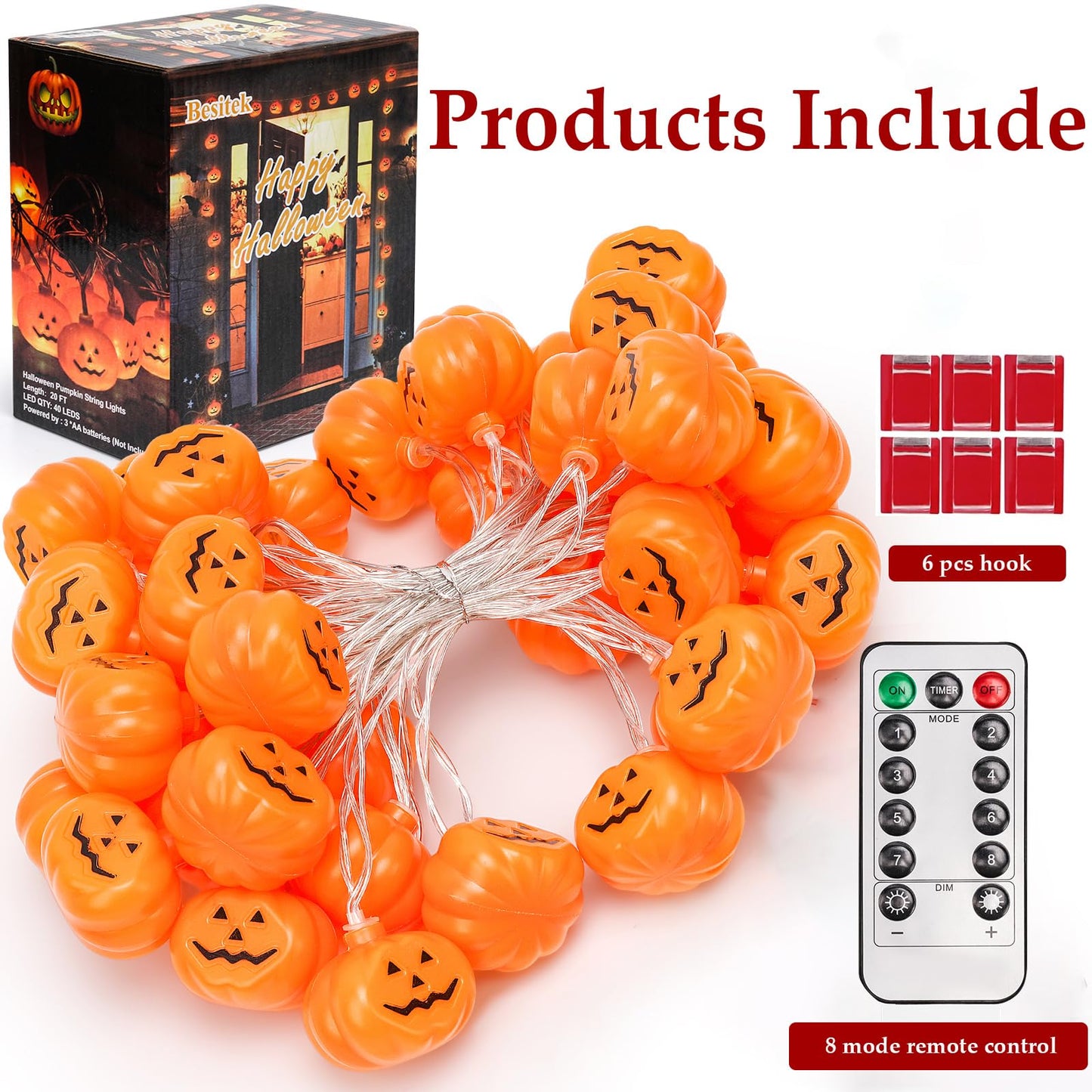 Halloween Lights,20FT 40 LEDs Holiday String Lights for Indoor Outdoor Decor,Battery Operated 8 Mode Waterproof Pumpkin String for Party Decorations