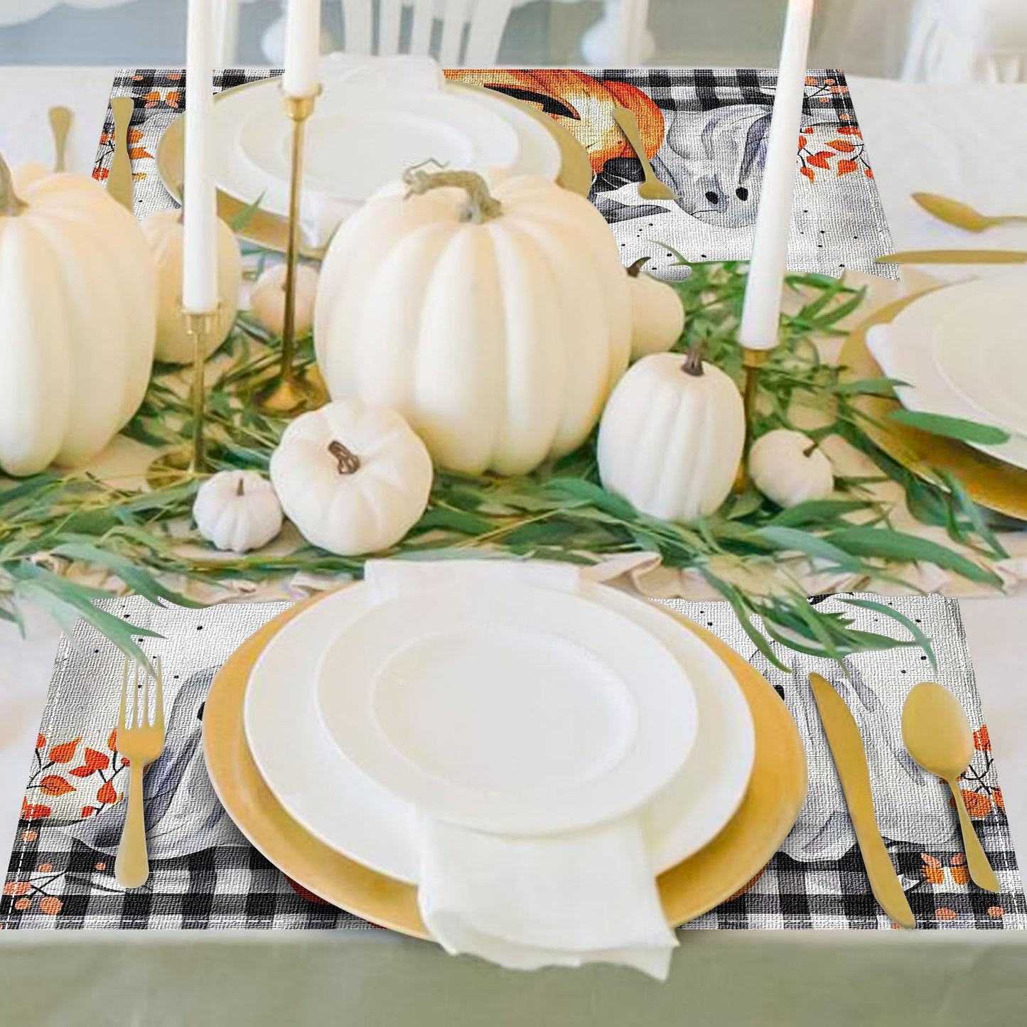 Niviy Buffalo Plaid Bat Ghost Pumpkins Halloween Placemats Set of 4, 12x18 Inch Horror Halloween Table Mats for Holiday Party Kitchen Dining Room Decoration