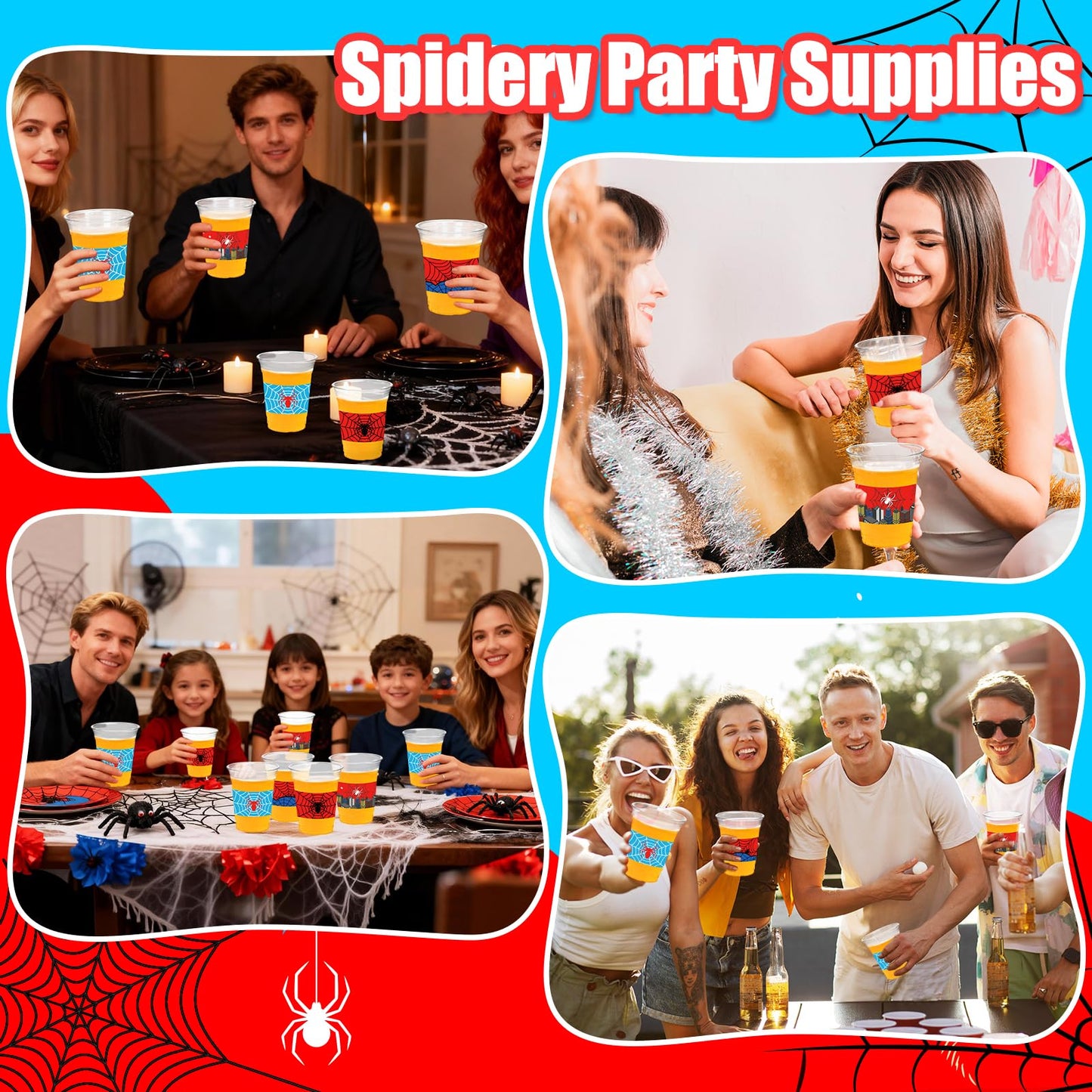 CUPLOOV 50Pcs Spider Web Birthday Party Decorations Cups, 12 OZ Disposable Plastic Drinking Cups Hot Cold Drink Wine Coffee for Home Sports Birthday Christmas Themed Holiday Party Supplies Favors