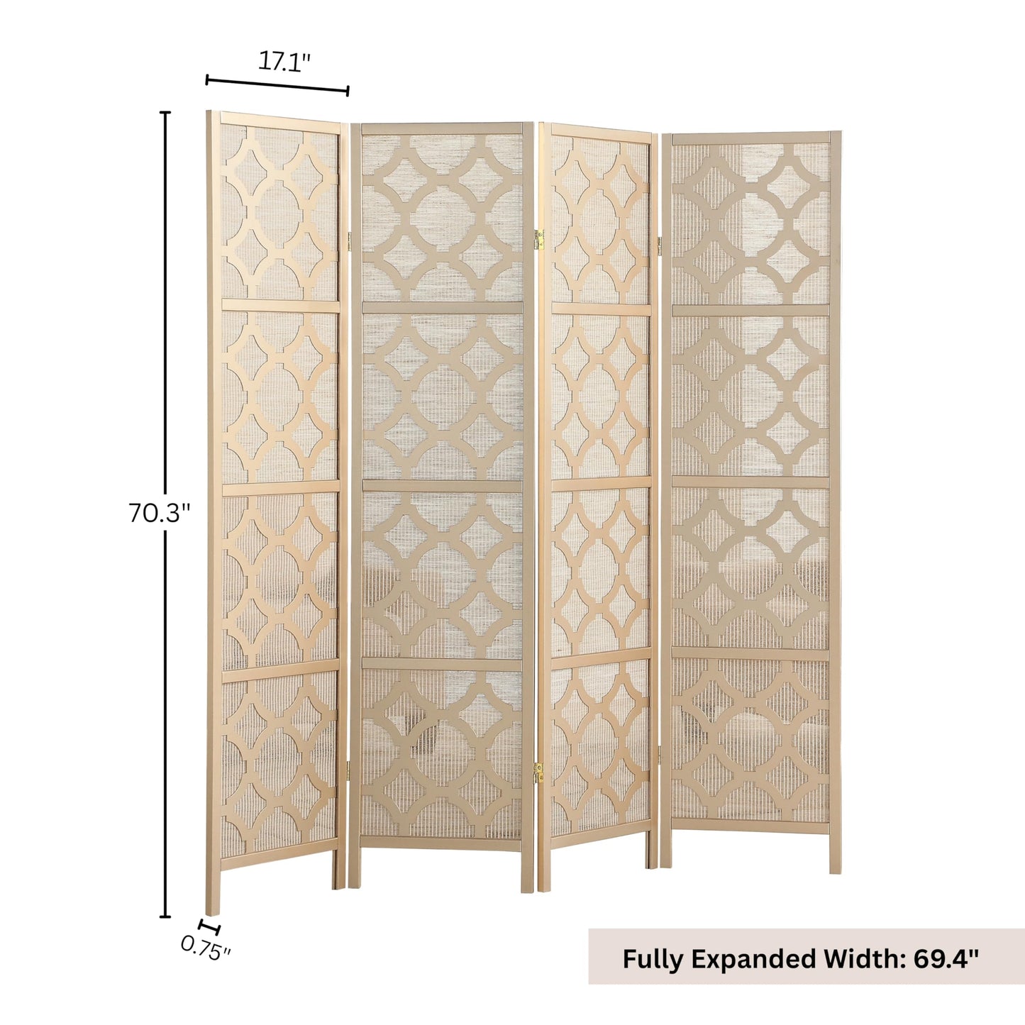Roundhill Furniture Quarterfoil Infused Diamond Design 4-Panel Room Divider, Gold