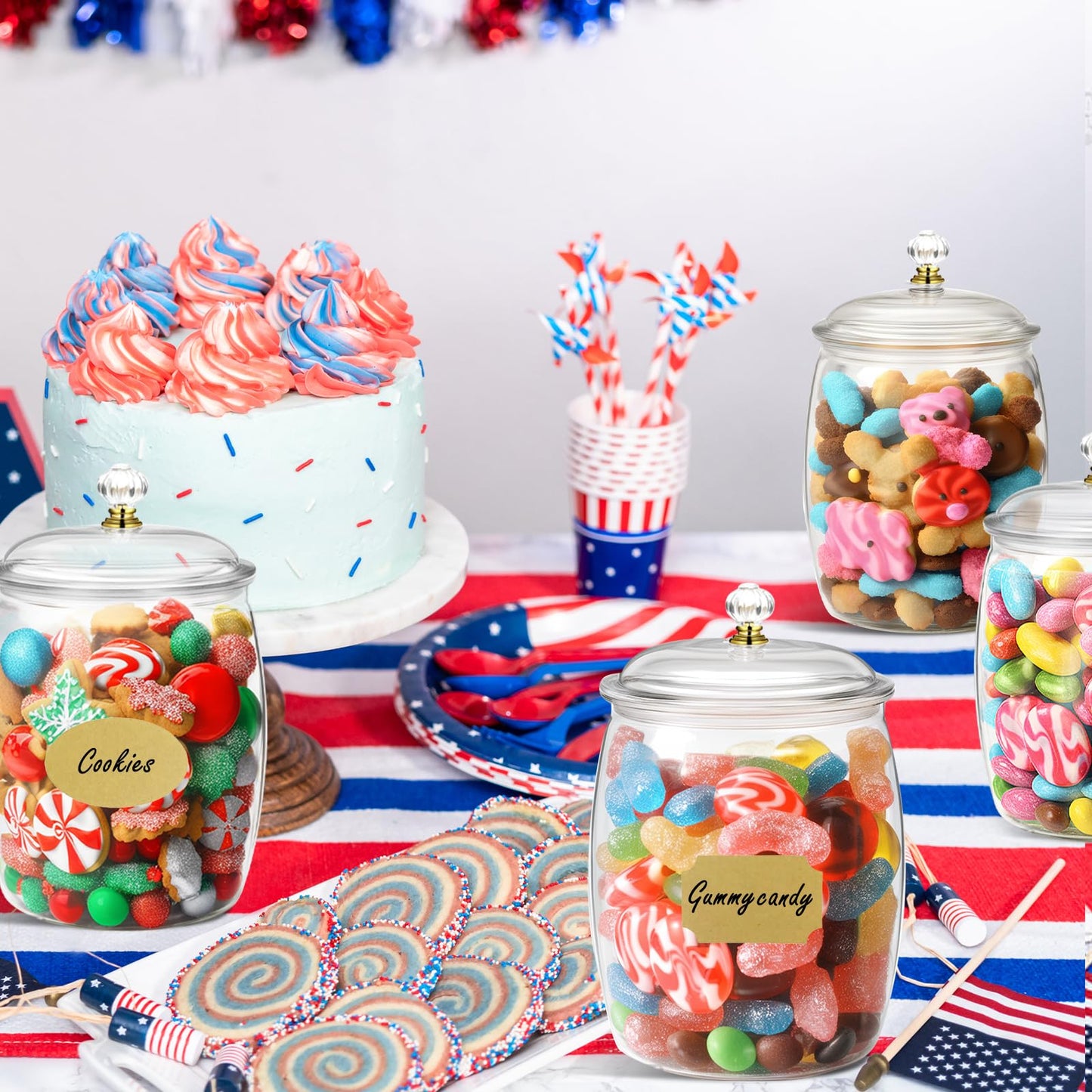 FALUCKYY 6 PCS Plastic Candy Jars with Lids, 2.2L 74oz Airtight Food Storage Canisters, Apothecary Cookie Jars for Kitchen Pantry, Includes 6 Scoops, Pen & Labels