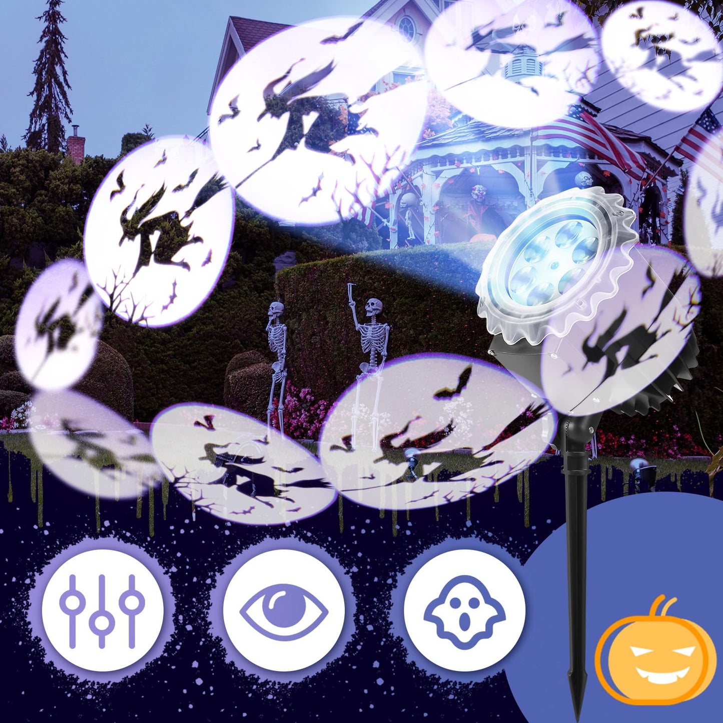 Lingvee Halloween Projector Light with 1 Film Slides Holiday LED Projector Lights Outdoor Reflectors Waterproof Landscape Decorative Rotation Lighting Movement Projection Lamp(Witch)