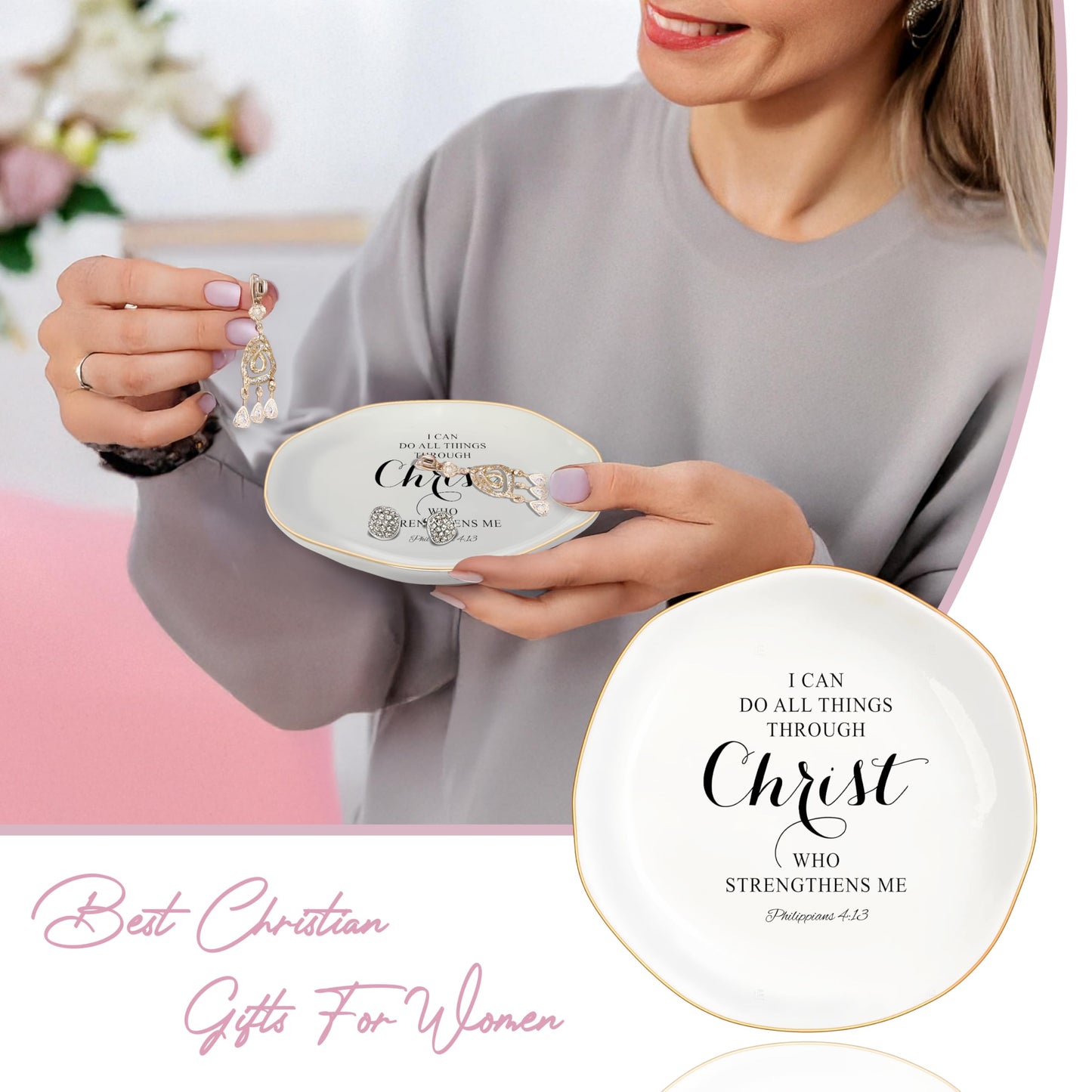 Christian Gifts for Women, Bible Verse Ceramic Jewelry Dish Trinket Ring Tray, Inspirational Floral Gift for Mom Sister Friend Birthday Christmas-I Can Do All Things Through Christ (White-Christ2)