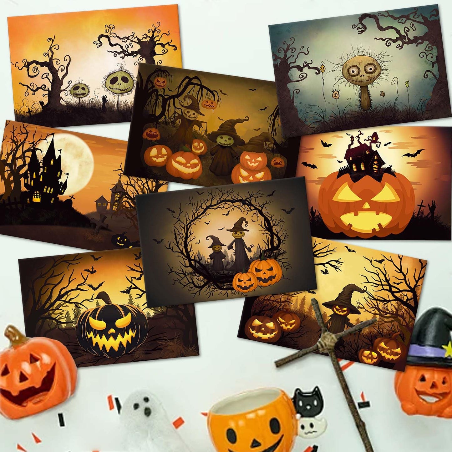 SuperShunhu 24 Pack Vintage Halloween Greeting Cards, Jack-O'-Lantern And Witch Halloween Cards, Artful Spooky Halloween Themed Card Set, 8 Designs Halloween Cards Bulk