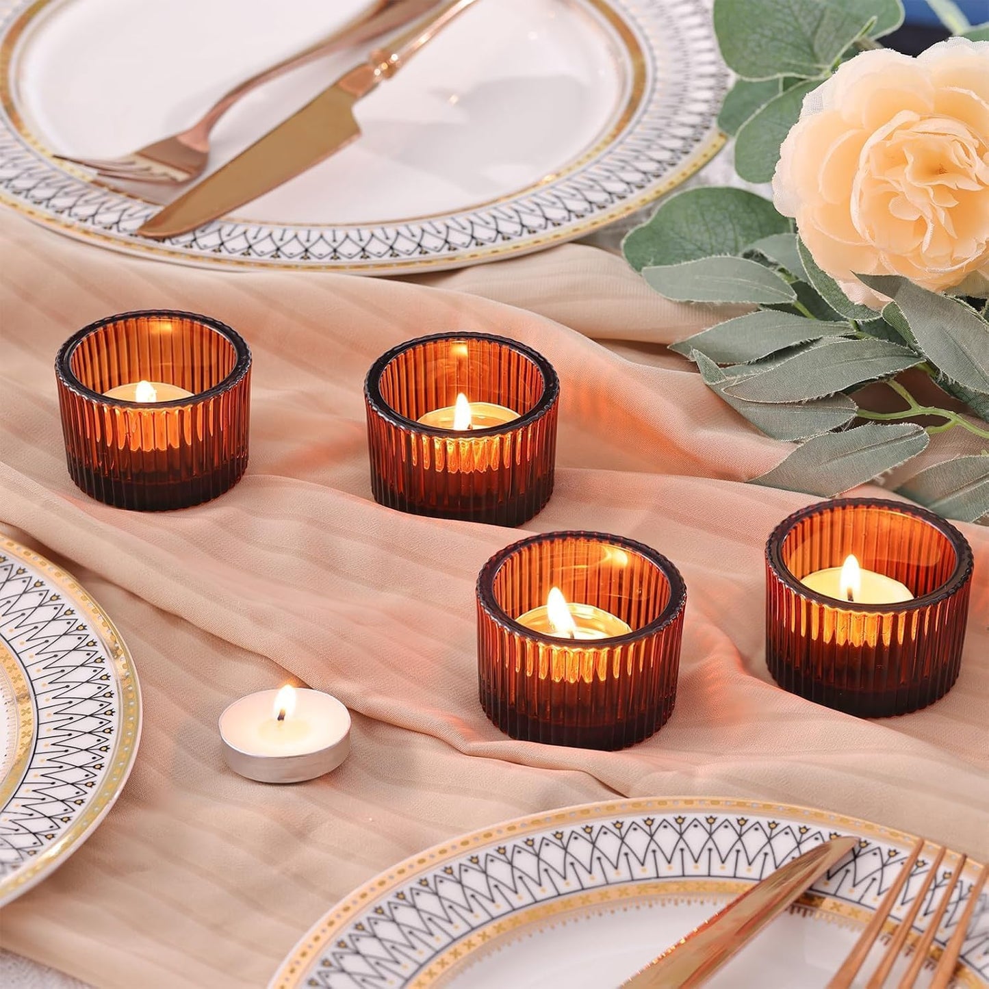 HAVITI 18 Pcs Amber Tealight Candle Holders with 18PCS Tealights, Glass Votive Candle Holders Set for Table Centerpiece, Home Decor and Party Supplies