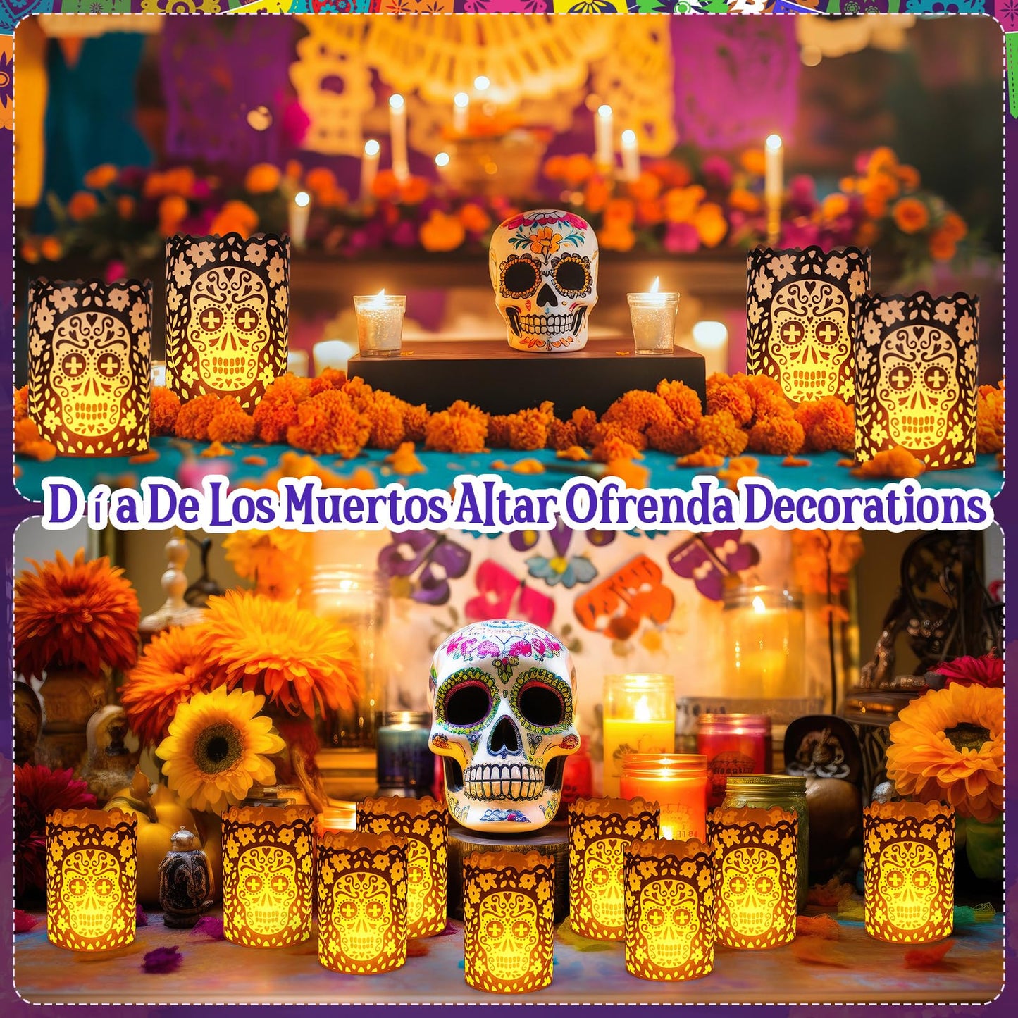 Tuanse 24 Pcs Dia De Los Muertos Decorations Luminary Paper Day of The Dead Votive Candles Holders Altar Paper Lampshade for Halloween Dia De Los Muertos Party Decor Supplies(Black)