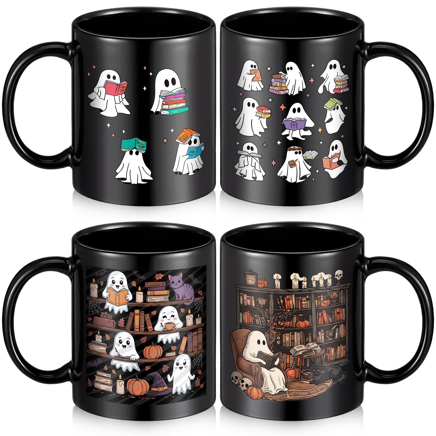 Potchen 4 Pack 12 oz Halloween Coffee Mug Book Lover Coffee Mugs Dishwasher Microwave Safe Porcelain Bookworm Cups Bookish Gifts for Man Women(Ghost Style)