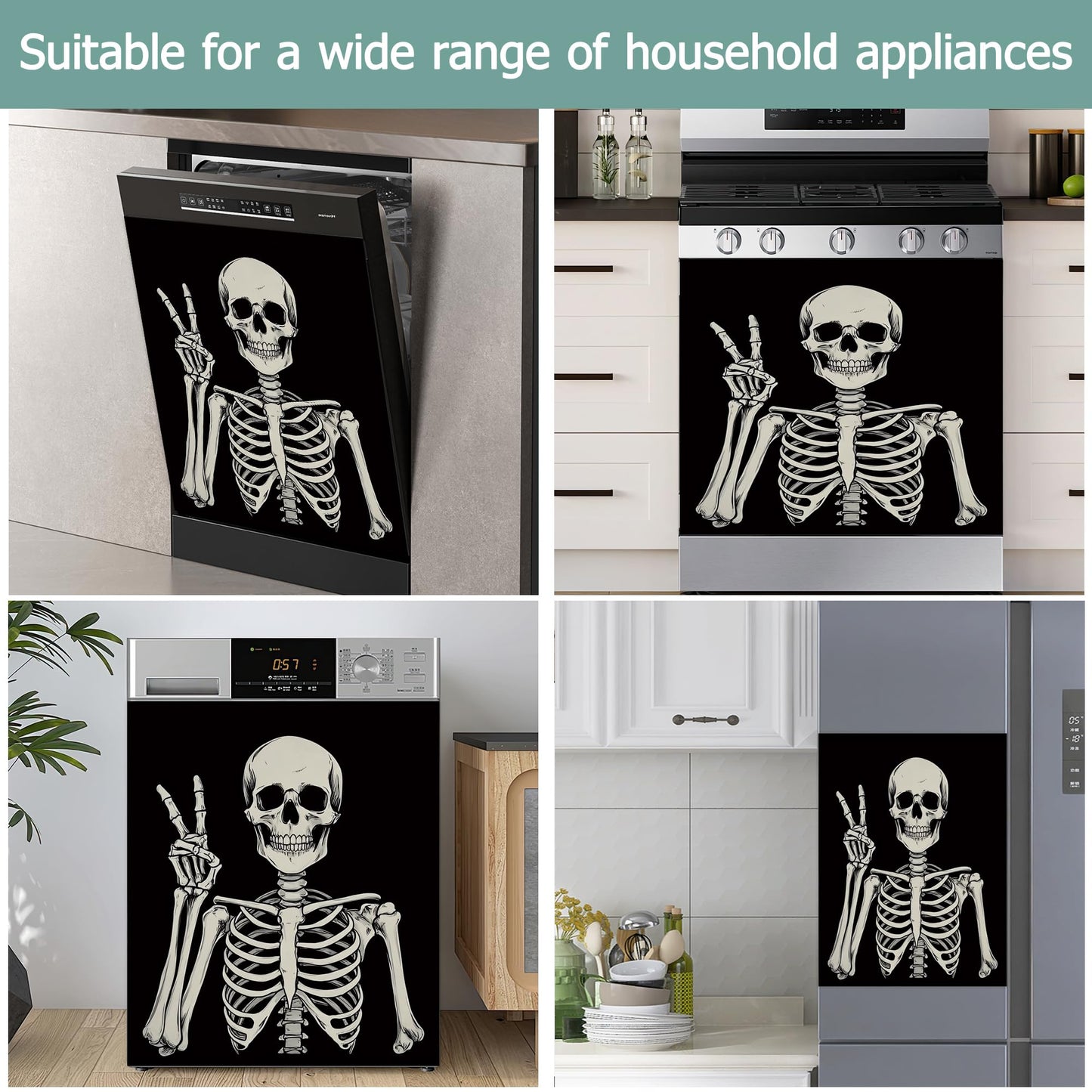 Halloween Skeleton Refrigerator Magnet Cover,Gothic Smiling Skull Washable Dishwasher Magnets Decorative Cover,Home Kitchen Decorative Dishwasher Front Panel Cover 23x26 Inch