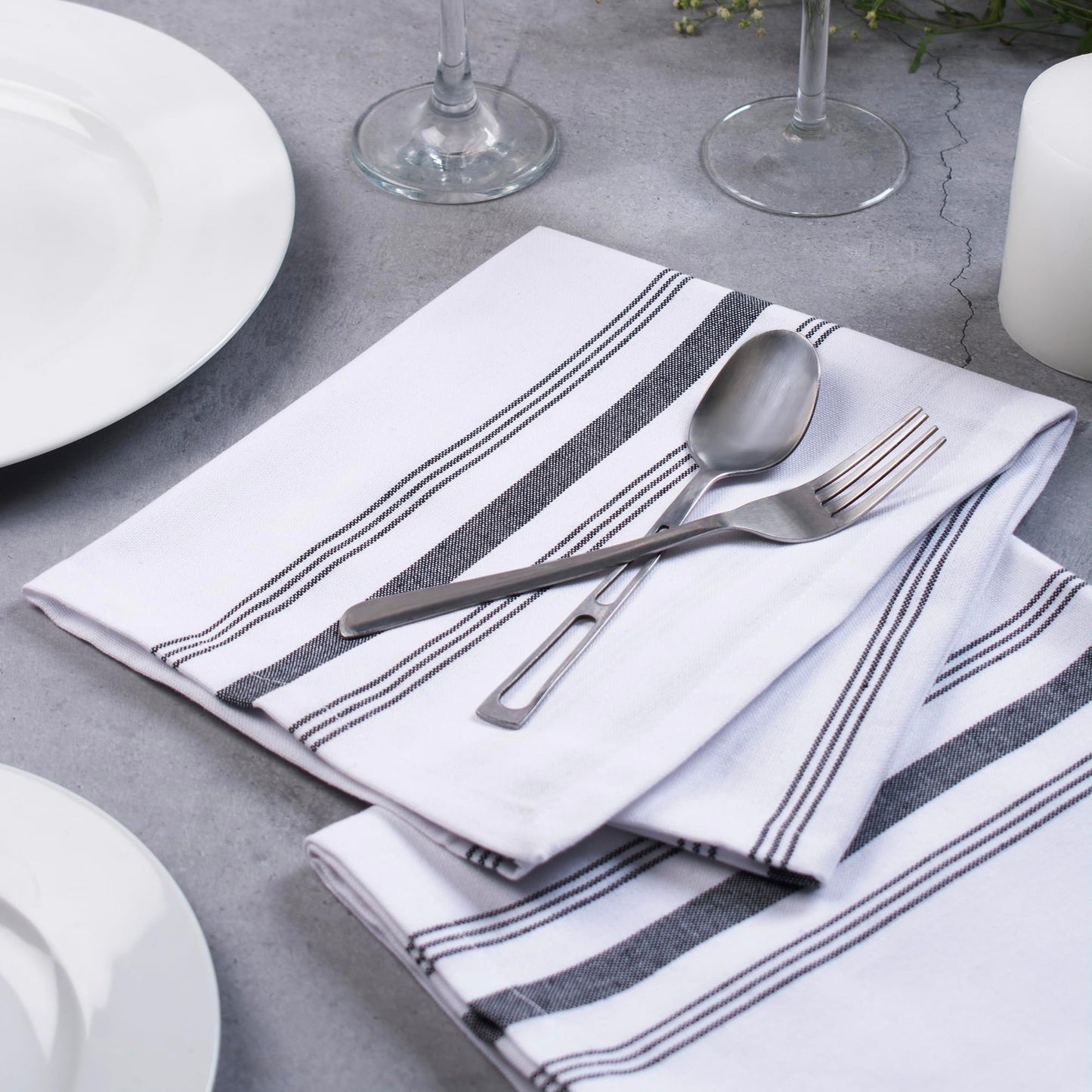 Blue Needles Set of 12 French Stripe Dinner Table Napkins 100% Cotton Napkins, 18x18 Inch, Absorbent, Soft, Reusable & Washable Restaurant Hotel Quality Spring Summer & Everyday Use - Black