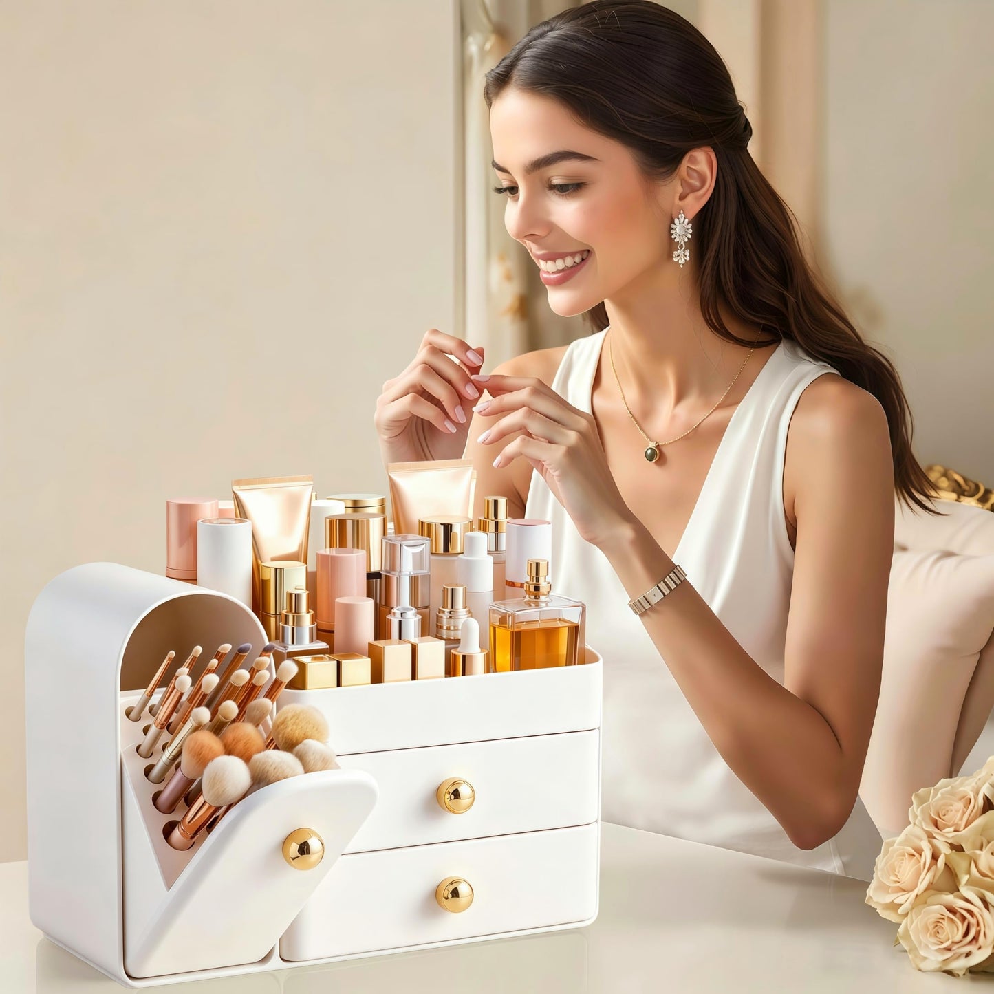 HBlife Makeup Organizer Countertop with Drawers, Vanity Organizers with Brush Holder, Bathroom Counter Organizer for Perfume, Nail Polishes, Lipsticks, Skincare and Eyeshadow Palettes, White