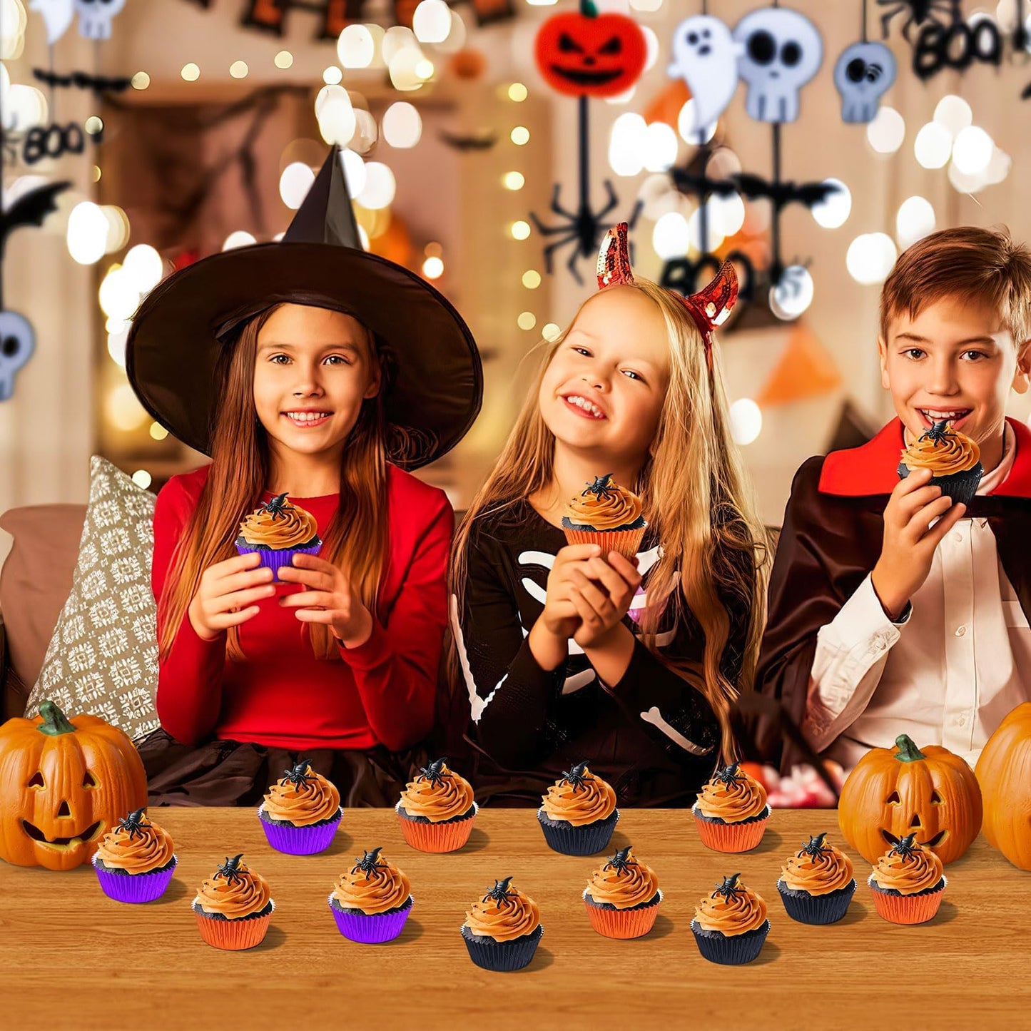 SANNIX 450Pcs Halloween Foil Cupcake Liners Muffin Liners Baking Cups Foil Metallic Cupcake Wrappers for Halloween Party Supplies Standard Size (Black, Purple, Orange)