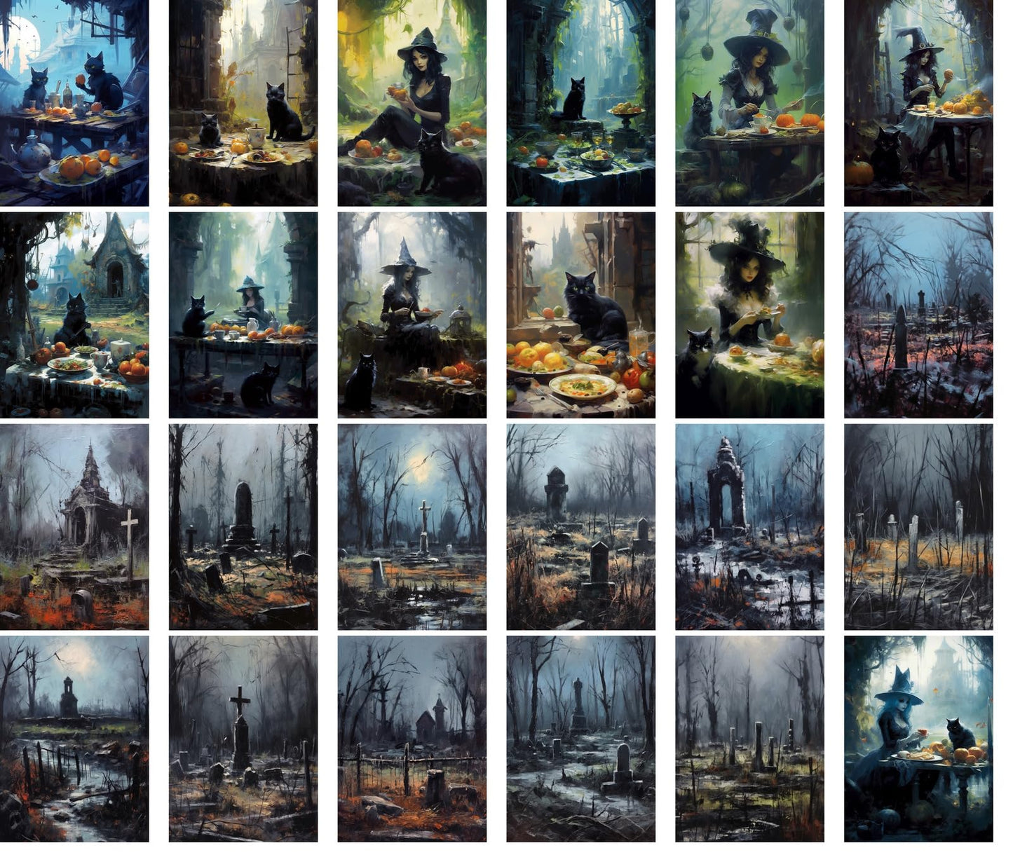 PIXILUV Vintage Postcards (24 pcs 4"x6" each) Spooky Illustrations of Scary Witches in Graveyards Vintage Halloween Postcards Retro Greeting Card Book Illustration Reprint