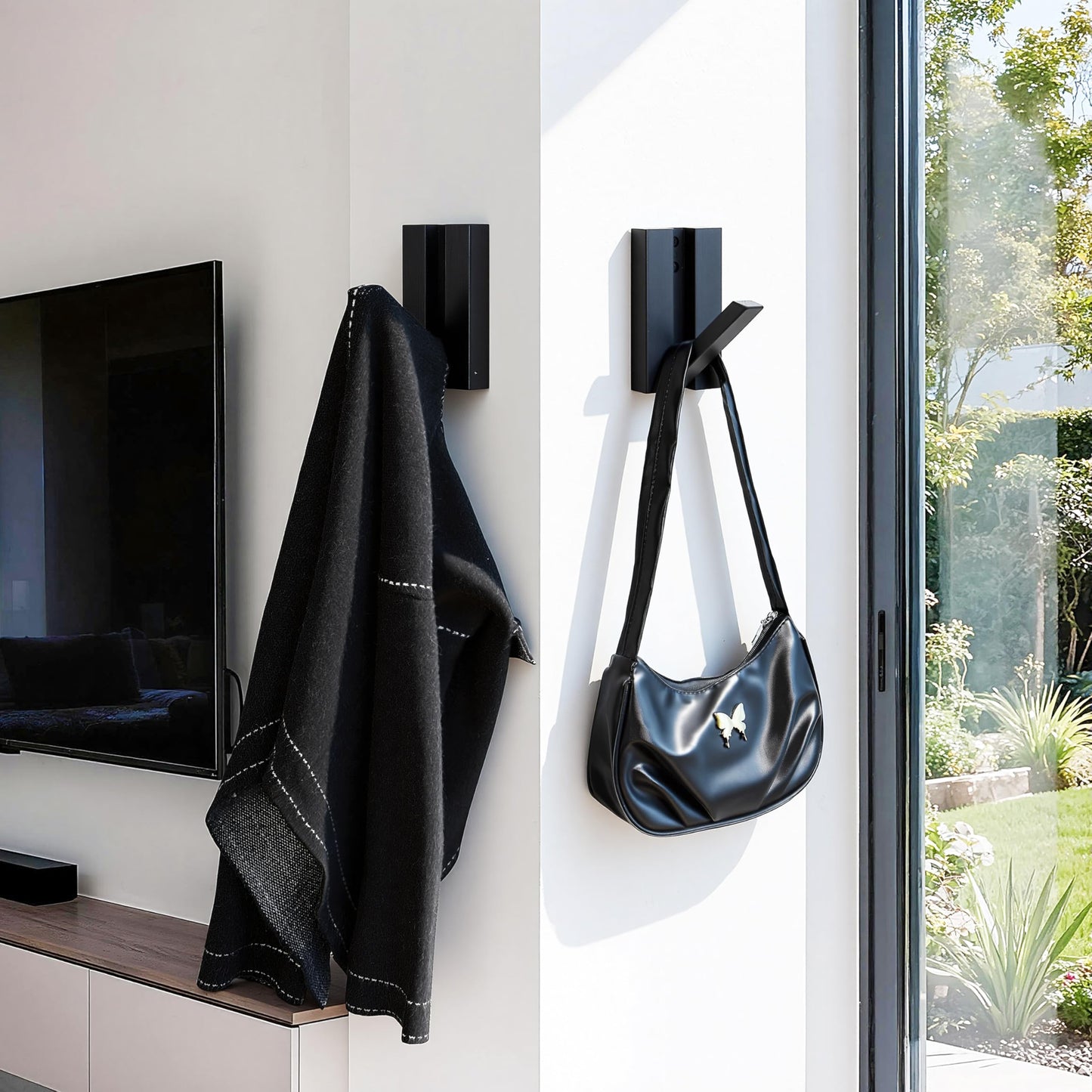 KYIAANY Folding Wall Hooks 2Pack: Black Modern Wooden Coat Hooks Mount for Heavy Duty Hanging Towels Backpack Bags Hats, Space Saving Minimalist Decorative Entryway Hanger for Aesthetic Homeowner