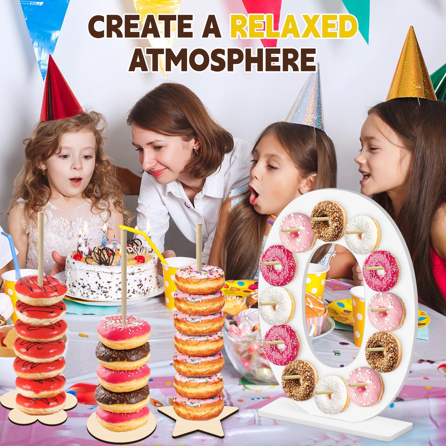 soleim 5 Pcs Donut Stand Set, Doughnut Party Supplies Include 1 Pc Digit Donut Wall Display Stand, 4 Pcs Doughnut Wall, for Birthday Wedding Baby Shower Party (White number 0)