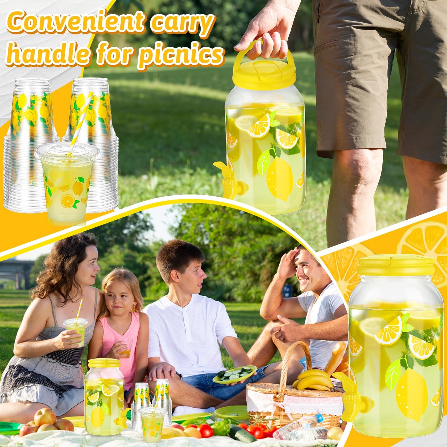 Umigy Lemonade Stand Supplies, 1 Gallon Plastic Drink Dispenser with Spigot, 100 Pcs 16 oz Lemon Disposable Plastic Cups with Lids and Straws, for Party Beverage Juice Ice Tea Beer(Lemon,Yellow)