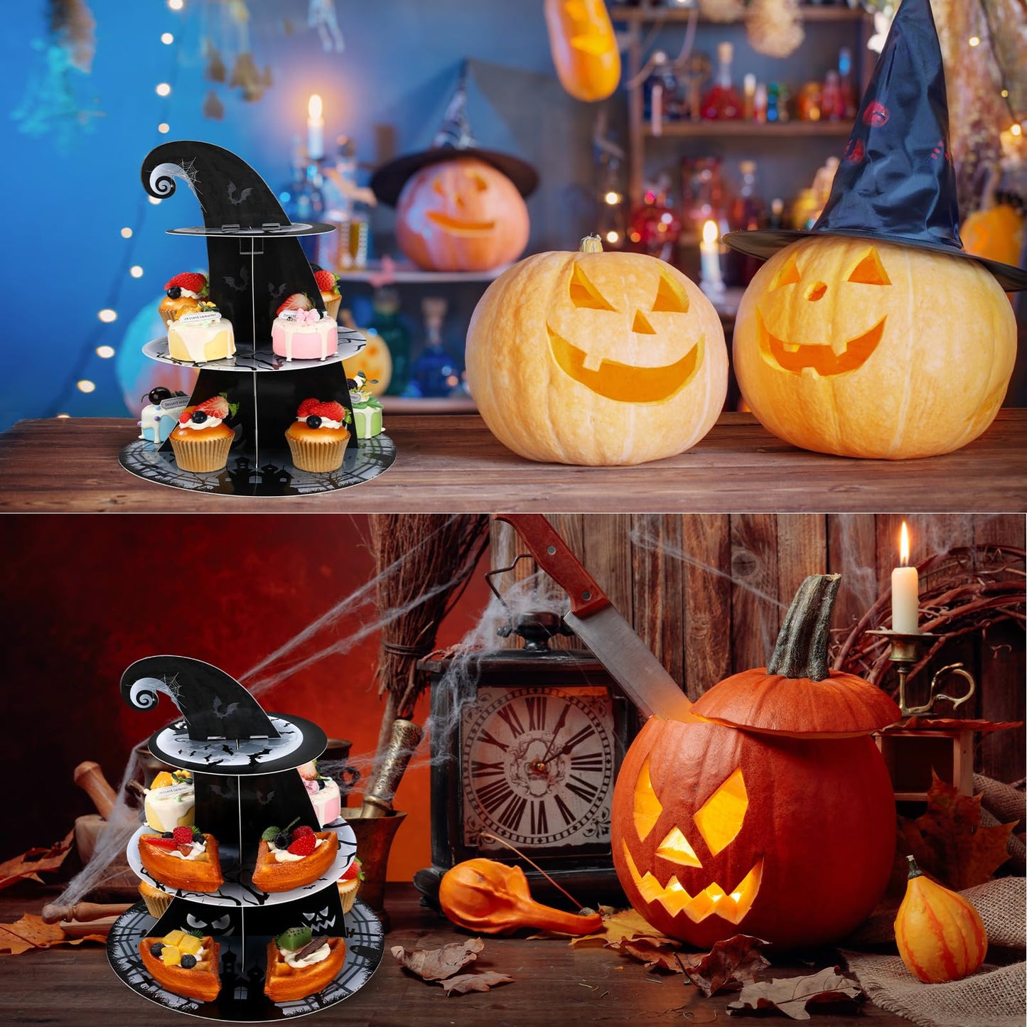 Zopeal 3 Tier Halloween Cupcake Stand The Nightmare Cardboard Cake Stand Tower Pumpkin Bat Scary Party Cupcake Serving Tray Dessert Tower for Halloween Carnival Party Decoration Supplies