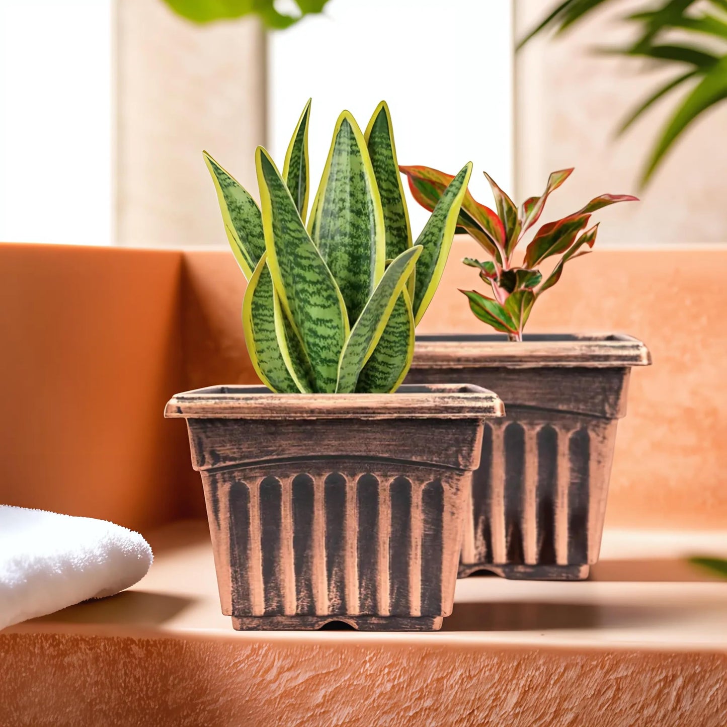 9" Square Planter Rustic Victorian Look 2 Pack Flowerpot for Nursery Indoor Outdoor Garden Patio Office Ornaments Home Decor Long Lasting Reusable Light Weight Water Resistant (Medium, Copper)