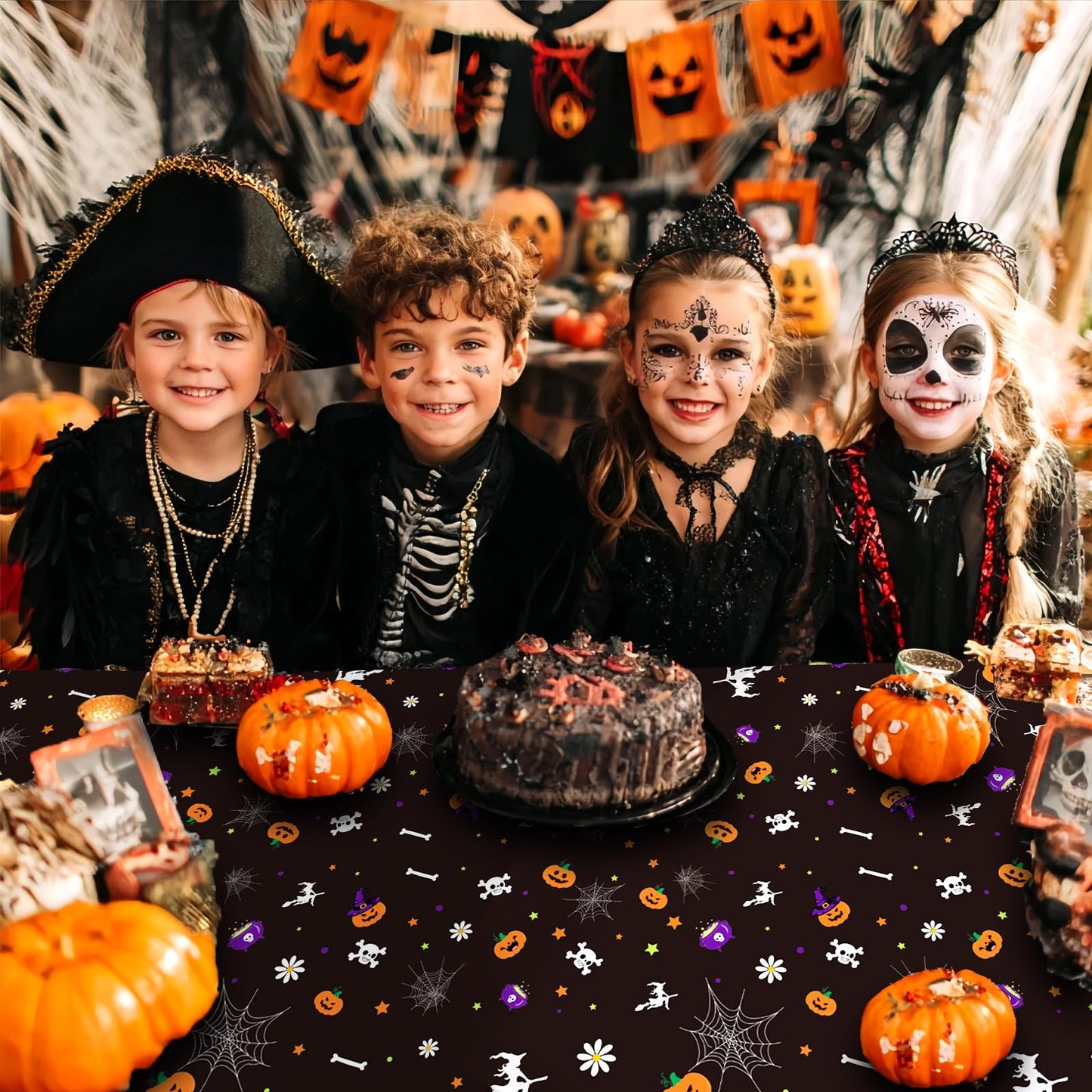 OQOQ Halloween Tablecloth (3 Packs, Black), 108x54 Inches Halloween Plastic Table Cloth Disposable Party Favors Pumpkin Boo for Outdoor Indoor Table Decor Backdrop Banner Party Supplies