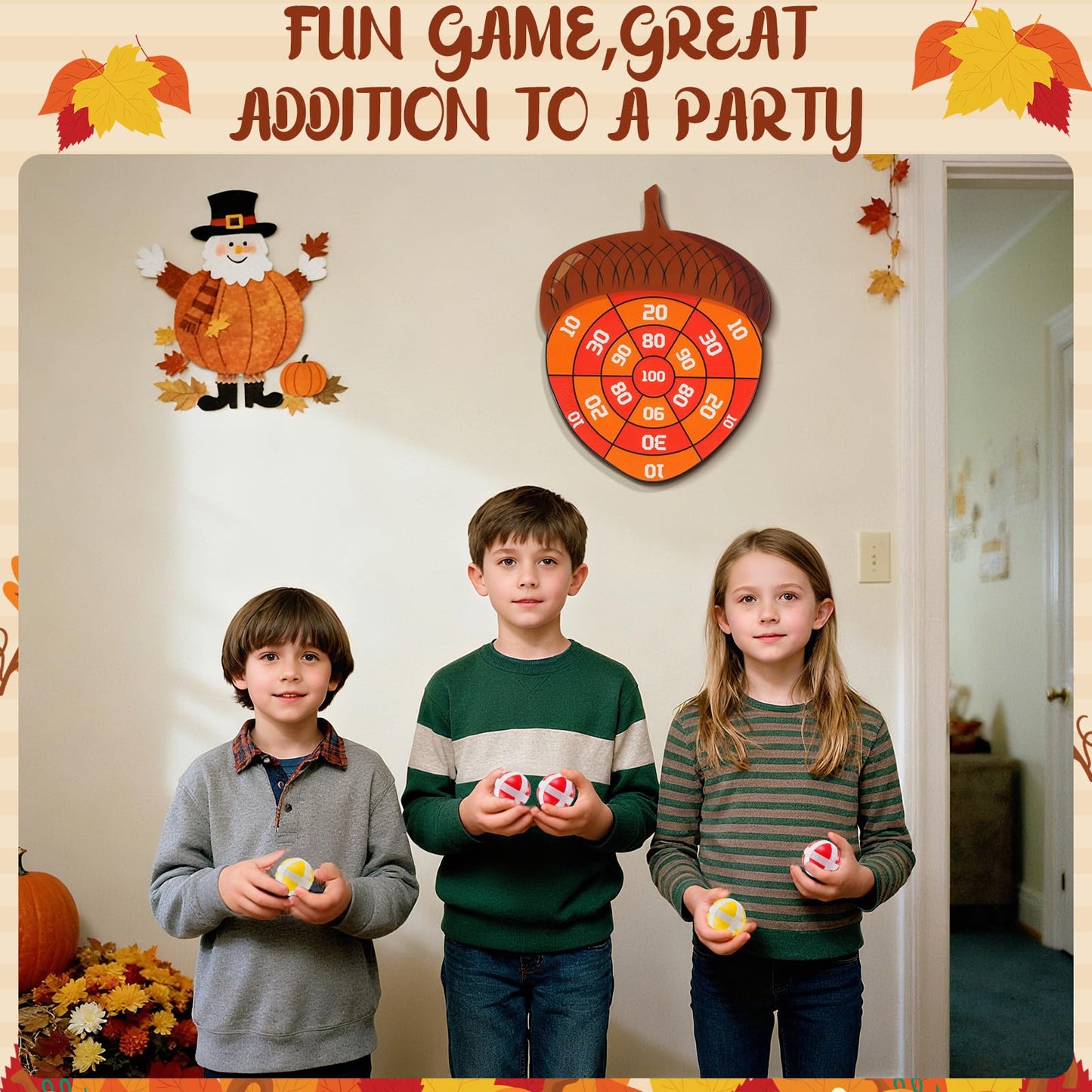 TEASIK Thanksgiving Acorn Dart Board - Fall Crafts for Kids,Halloween & Thanksgiving Decorations with 10 Balls,Autumn Party Wall Decor for Family Game Night (21.3x16.5 Inch)