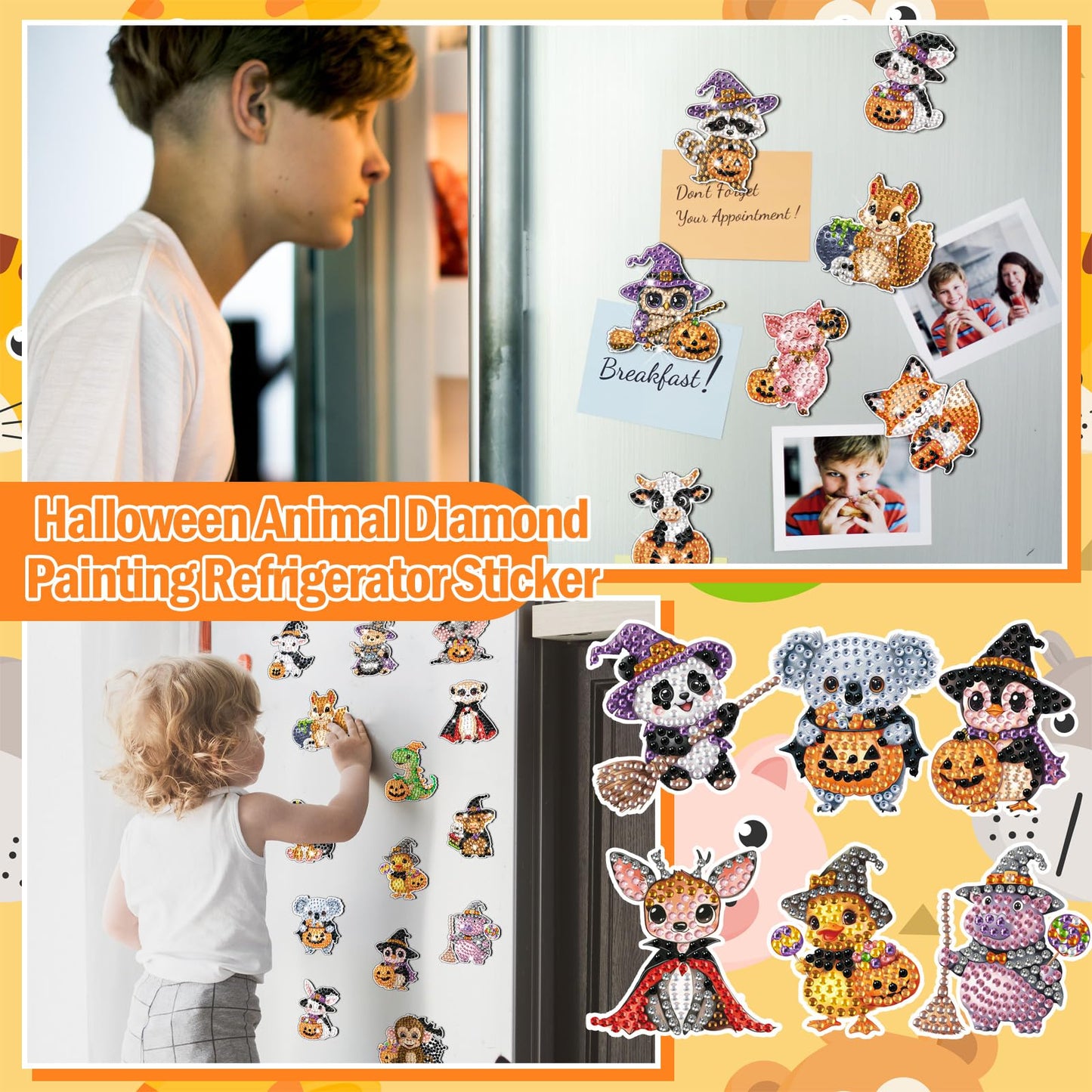 Xuhal 30 Pcs Halloween Diamond Painting Magnets Halloween Animal Diamond Art Magnet Kits for Adults Cute 5D Rhinestone Witch Hat Pumpkin Animal Refrigerator Magnetic Sticker for DIY Craft Fridge Gifts