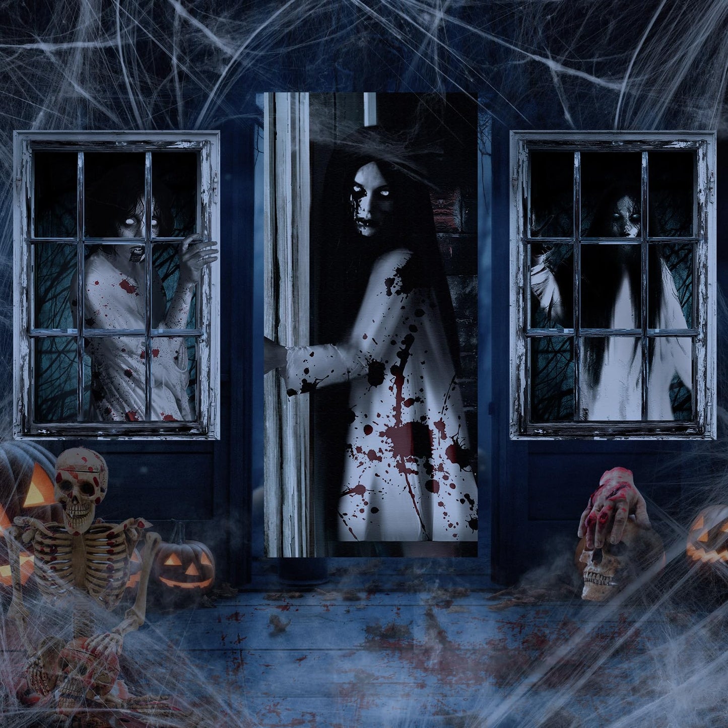 Fanfanwin 3 Pcs Halloween Window Door Covers Set Halloween Scary Window Curtain and Door Cover Spooky Silhouette Props Poster for House Decor(Female Ghost)