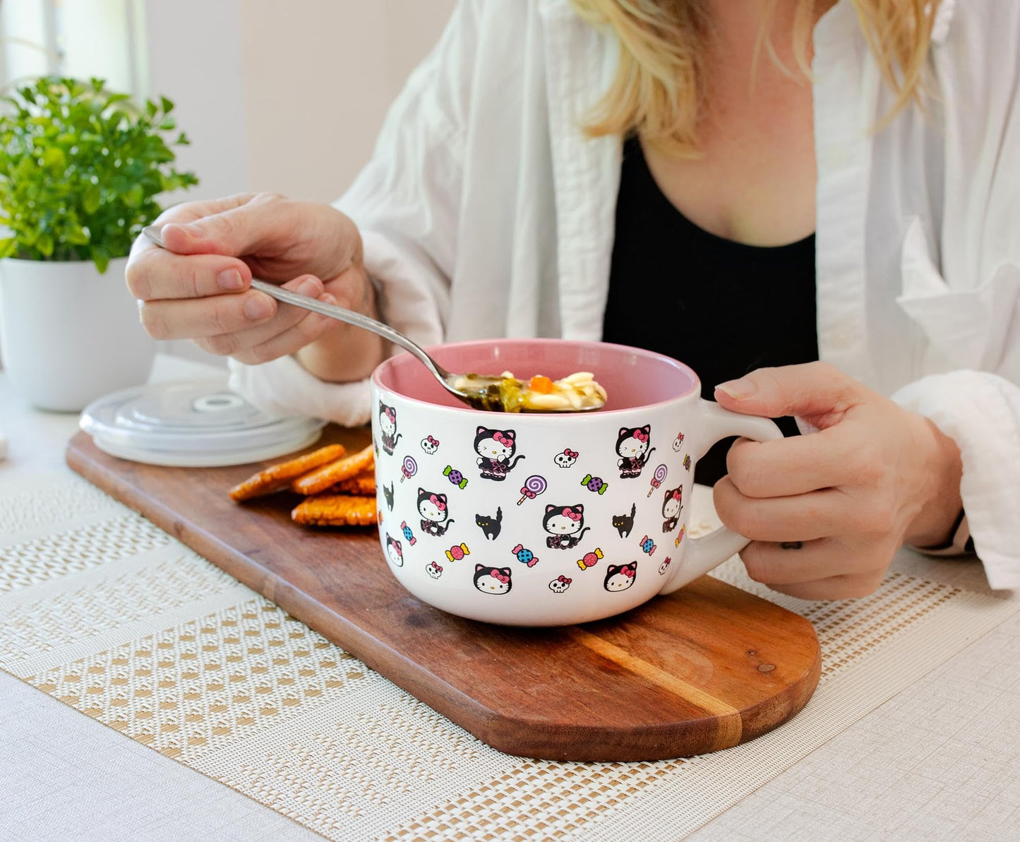 Silver Buffalo Sanrio Hello Kitty Black Cat Ceramic Soup Mug with Vented Lid For Ice Cream, Cereal, Beverages | Holds 24 Ounces