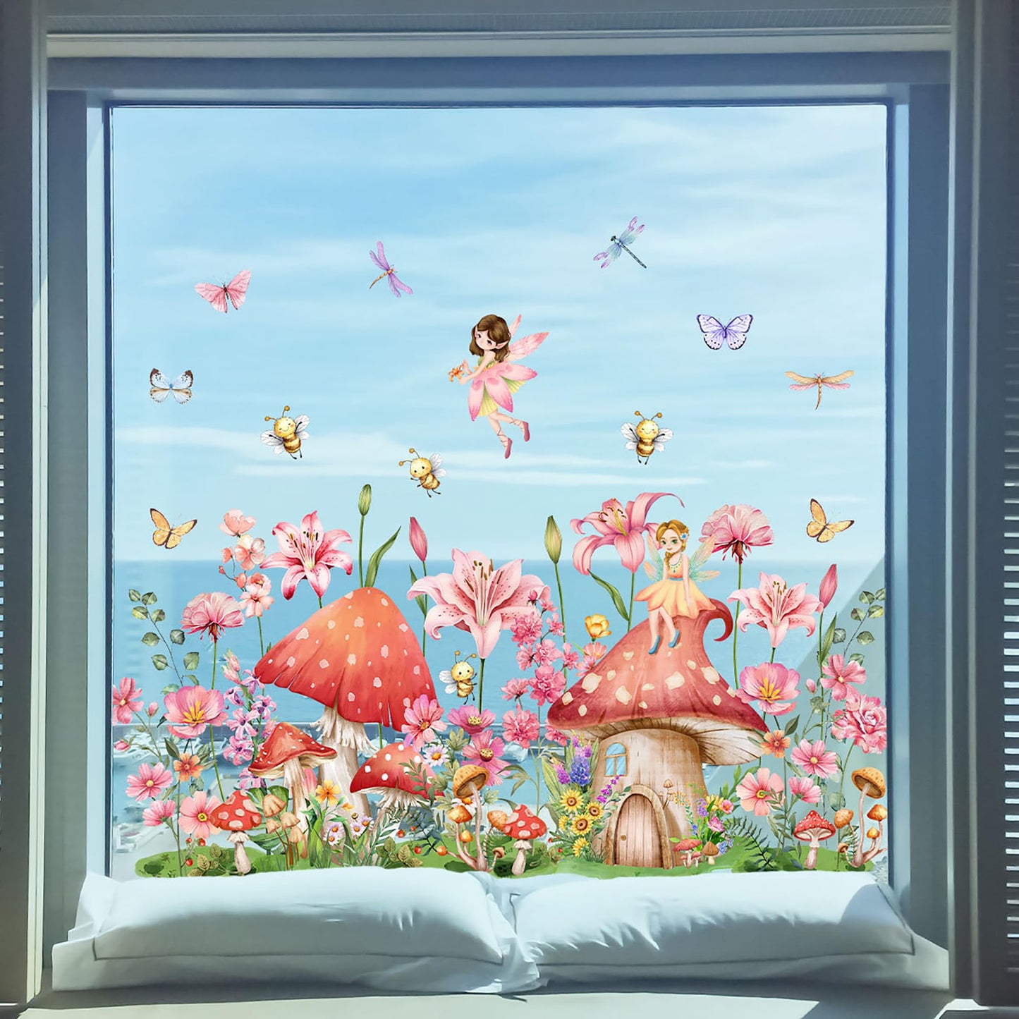 AOLTNRC Fairy Garden Window Clings, Double-Side Glass Decals Enchanted Mushroom House with Flowers and Butterflies Glass Stickers, Reusable Nursery Room Home Decor (Pink)