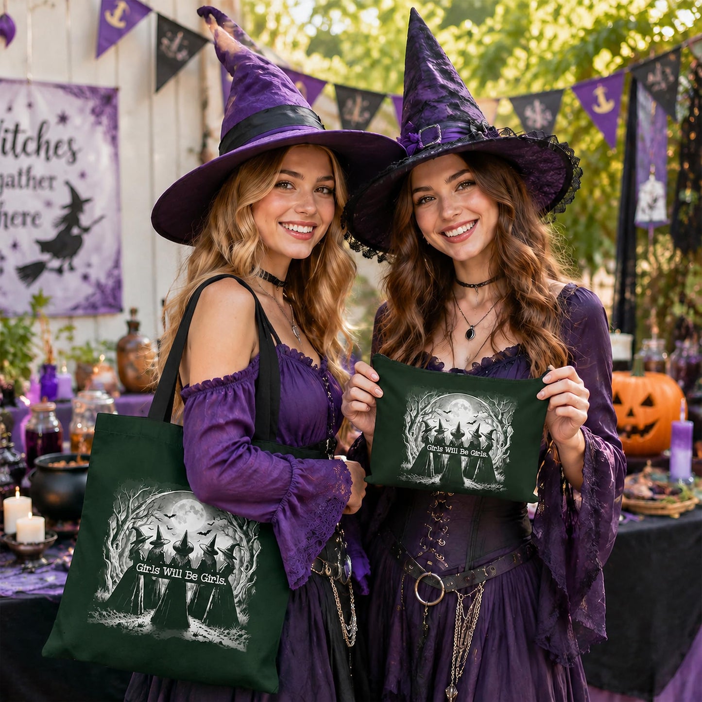 Laffact Aesthetic Witchy Canvas Bag for Women - 2Pcs Cute Girls Will Be Girls Quotes Canvas Tote Bag Makeup Pouch, Funny Black Magic Witch Reusable Grocery Shopping Handbag Gift for Halloween Birthday