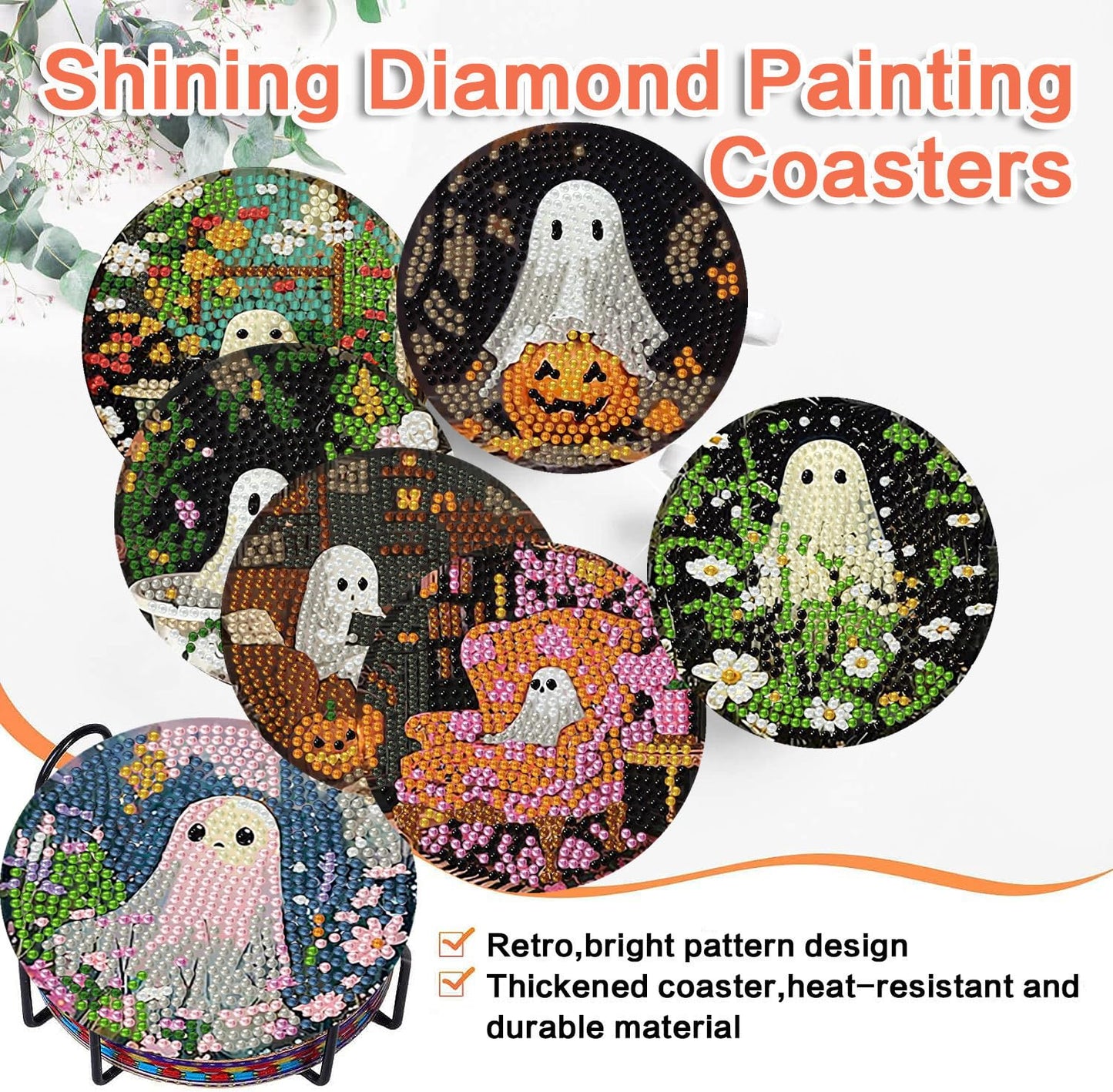 ijbnhd 8 Pack Halloween Diamond Art Coasters Kits, Halloween Diamond Painting Coasters Kit with Holder, DIY Ghost Diamonds Art Non Slip Coaster Crafts Kits for Adults Gifts 4x4 inch (Cork Wooden Pad)