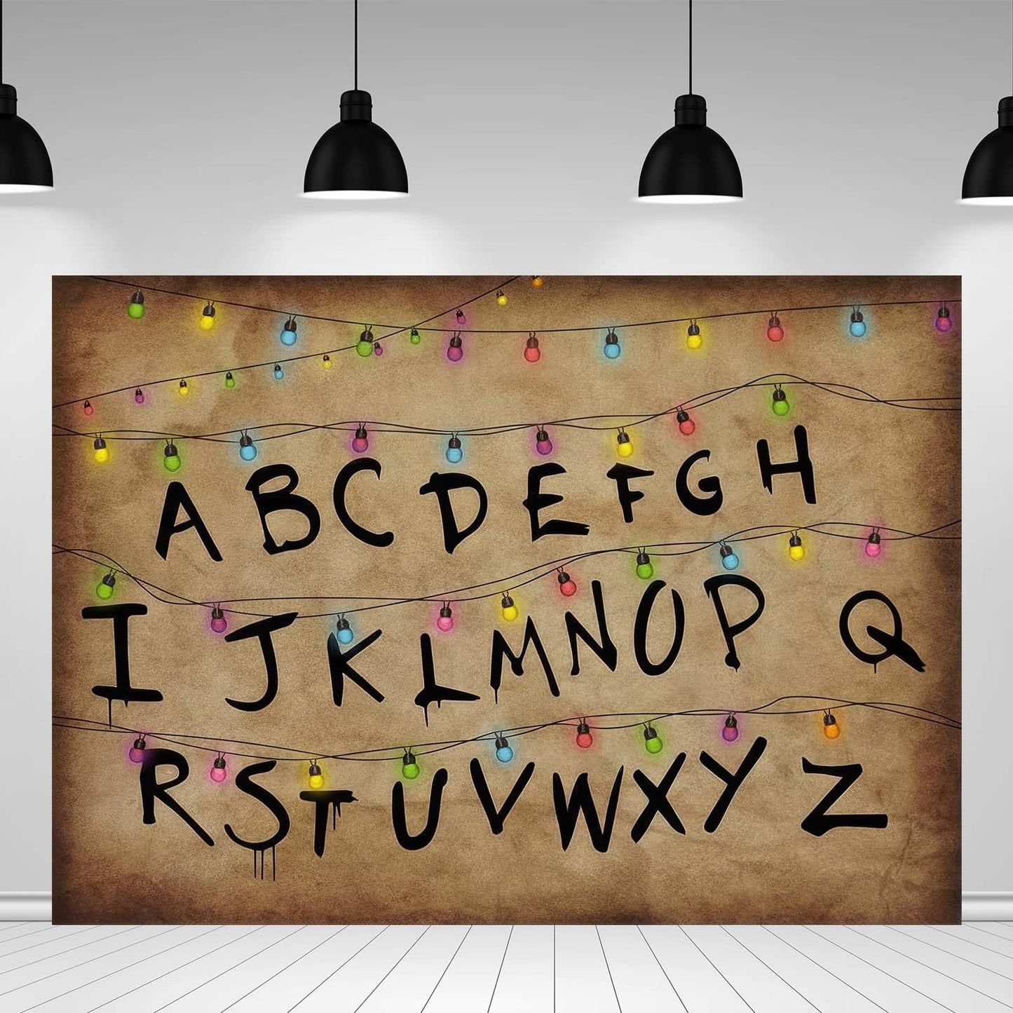 Colourful Light String Rustic Alphabet Backdrop for Halloween Birthday Party Decor Cake Table Banner Photo Booth Props Supplies 7x5FT