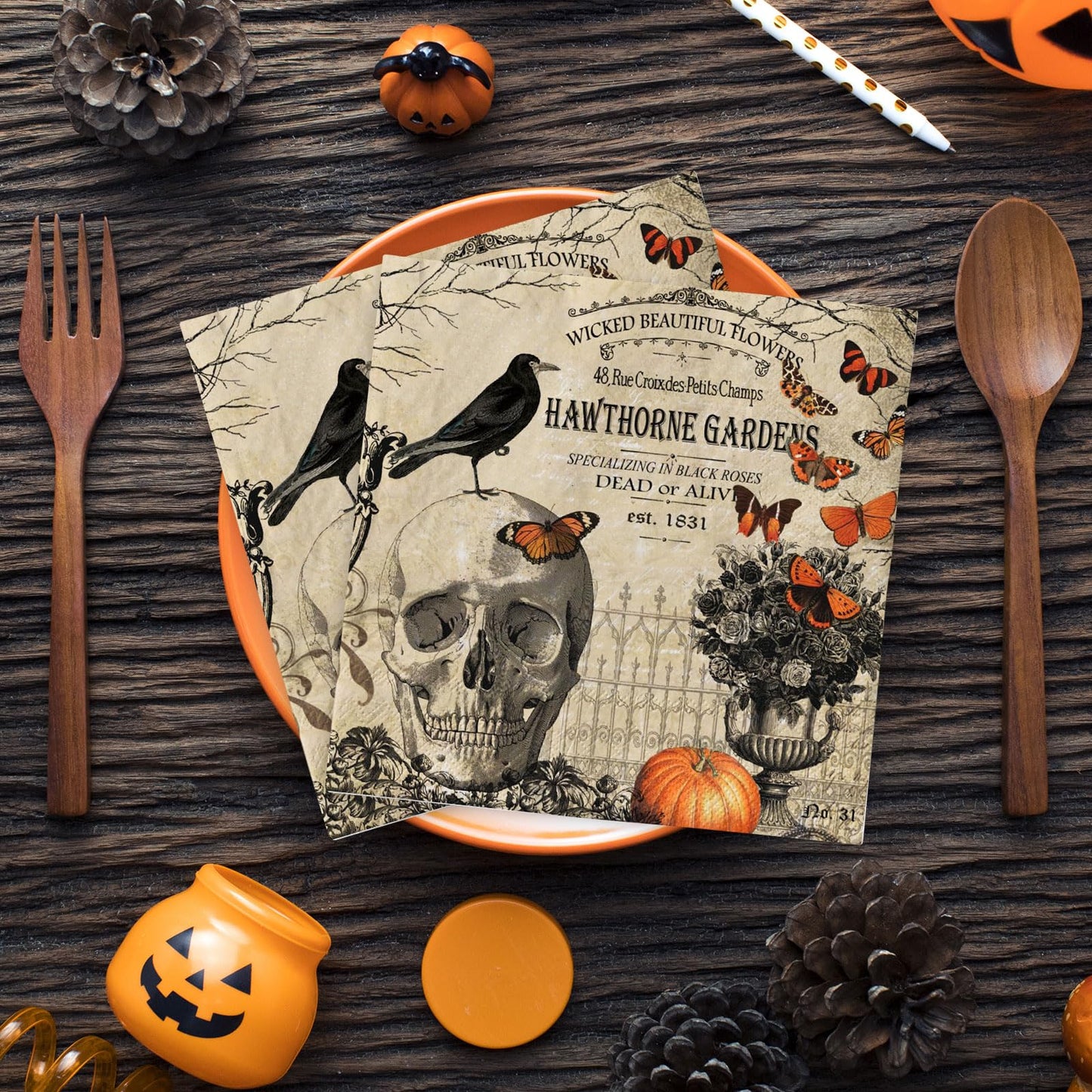 JarThenaAMCS 80Pcs Halloween Paper Napkin Vintage Skull Crow Luncheon Napkin Disposable Dessert Dinner Hand Napkin for Halloween Party Supplies