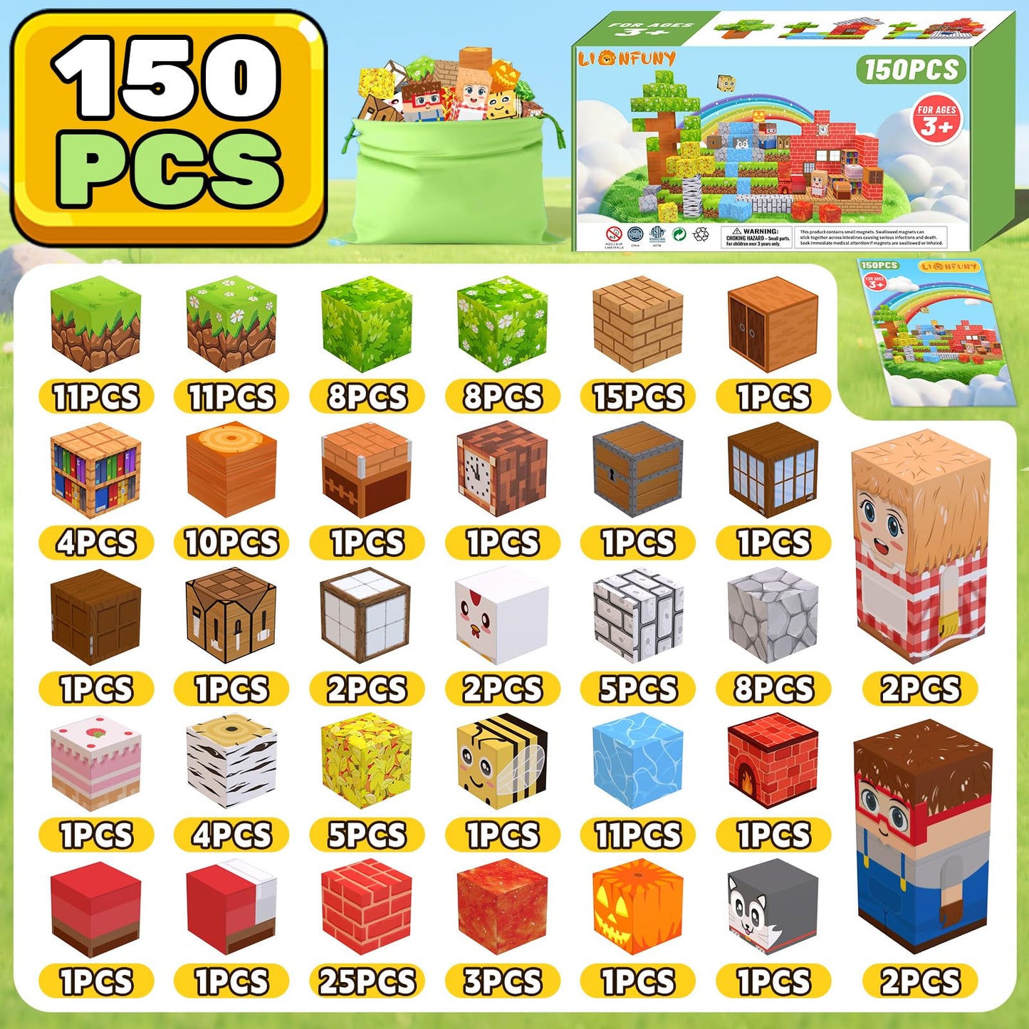LionFuny 150PCS Magnetic Blocks,Magnetic Building Blocks,Magnet Blocks 3D Building Set for Kids Toddlers Boys,STEM Sensory Educational Stacking Christmas Toys Gifts for 3 4 5 6 7 8 9+ Year Old
