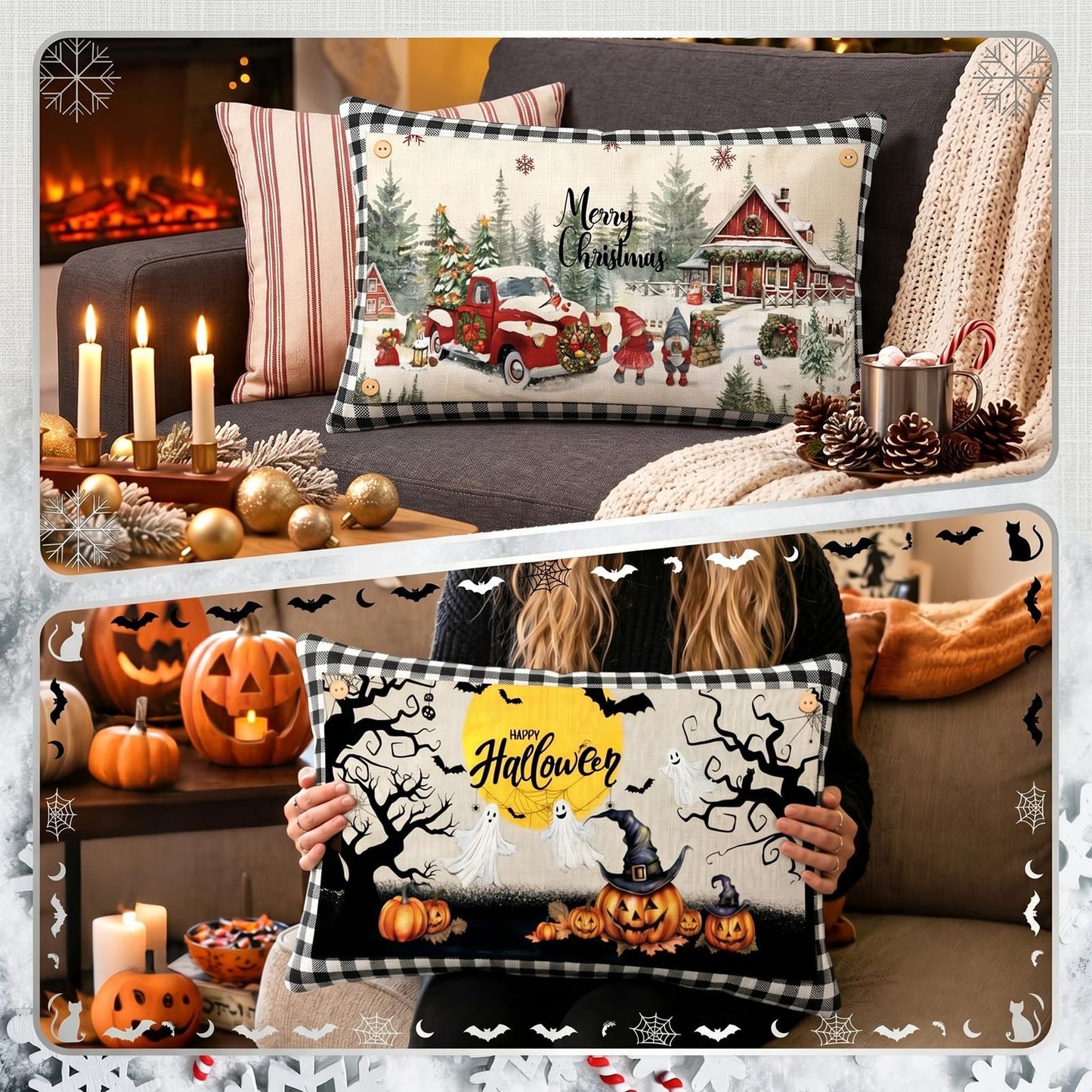 Chicplaid 4th of July Throw Pillow Cover Set 12 x 20 Inch Rectangle Seasonal Holiday Plaid Pillowcase with 12 Interchangeable Pillow Panels Patriotic Lumbar Cushion Cover for Home Decor(Classic)