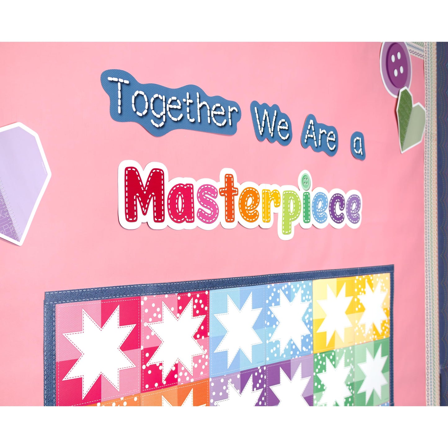 Carson Dellosa Crafty and Cool 54-Piece Together We are a Masterpiece Motivational Bulletin Board Set, Colorful Quilt Squares and Denim Strips Classroom Decor