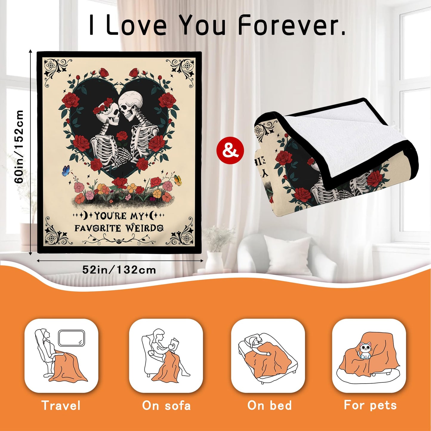 Ruicnte Anniversary Blanket for Him,Skull Lover Throw Blanket for Boyfriend Girlfriend,I Love You More Birthday Gift for Husband 60"X52",Christmas Valentines for Wife Skeleton Present