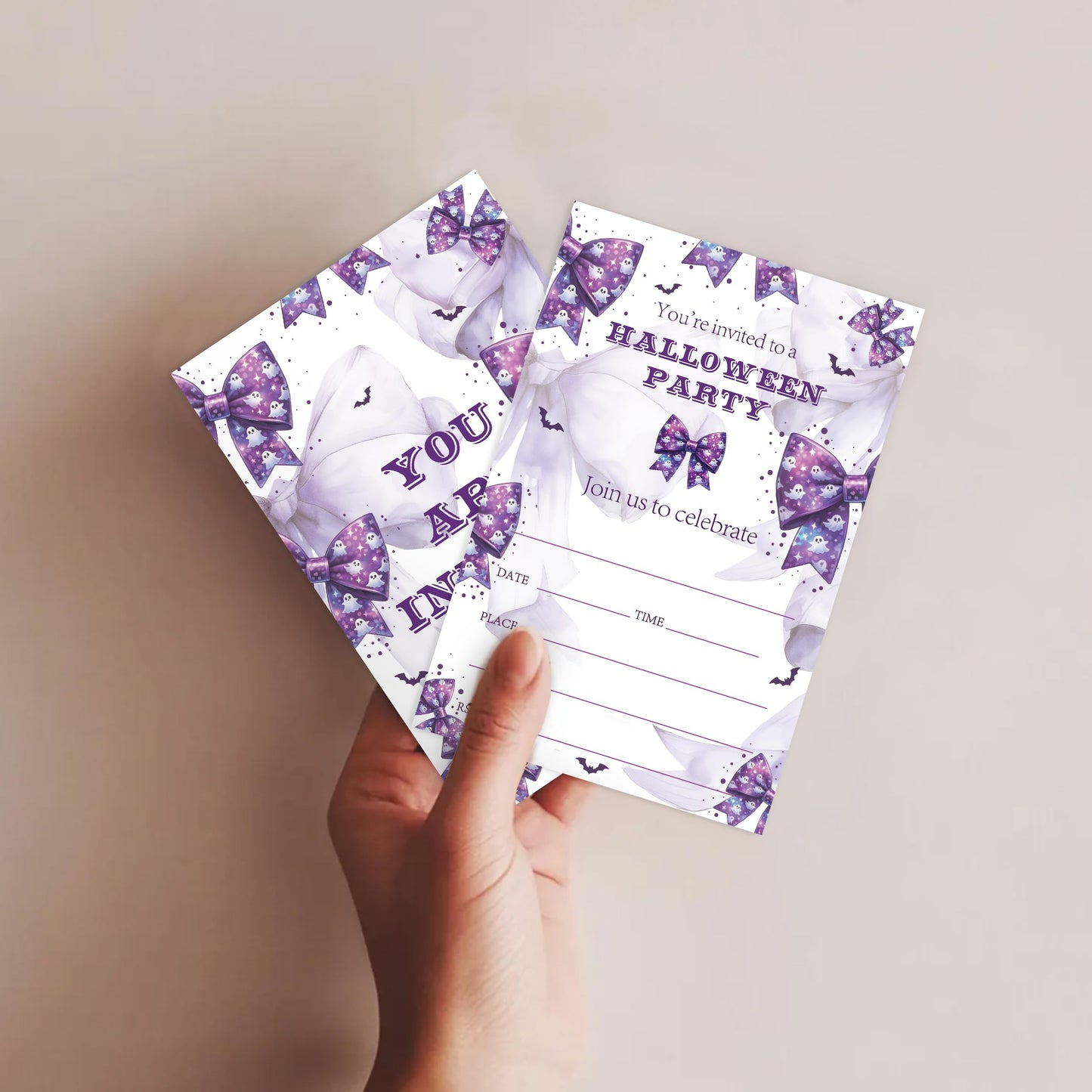 SIXEIGHT Purple Bow Halloween Party Invitations, Cute Ghost Halloween Invitations for Boys Girls, 25 Pack Purple Invite Cards with Envelopes, Wedding Birthday Baby Shower Party Decorations-E07