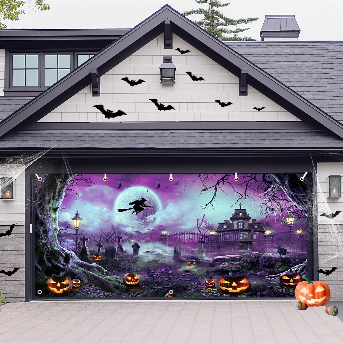 Avezano 6x13 ft Halloween Garage Door Banner Halloween Full Moon Scary Night Castle Pumpkins Garage Door Cover Backdrop Spooky Witch Cemetery Party Decorations (Purple)