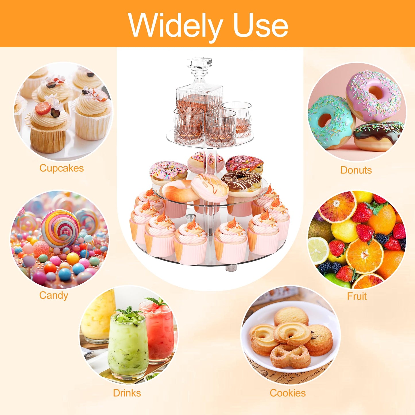 Acrylic Cupcake Stand, Clear Dessert Tower Holder Display with Base for Wedding, Party, Baby Shower, 3 Tier Round, Transparent
