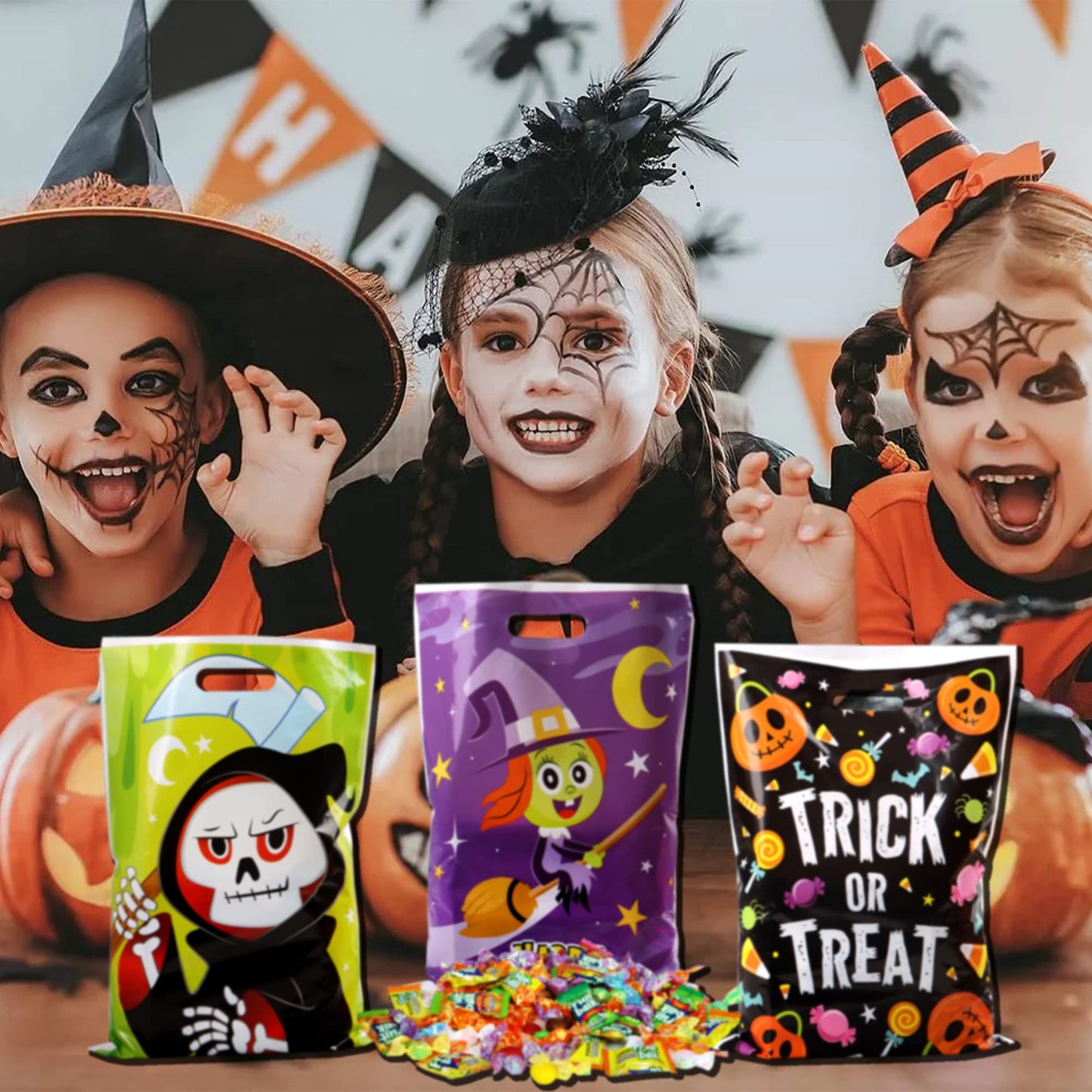 JOYIN 72 Pcs Halloween Candy Bags, Trick or Treating Goodie Bags in 6 Character Themed Designs for Kids Halloween Party Favor, Plastic Snacks Stuffers Bag for Party Supplies