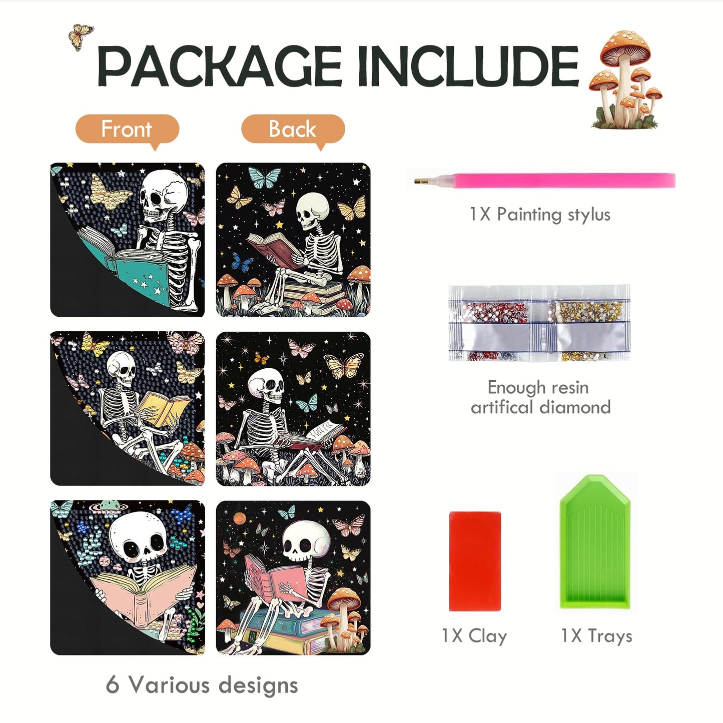 INCOK Skull Diamond Art Bookmarks - 6 Pcs DIY Diamond Painting Corner Bookmarks Kits Double Side Art Craft Supplies Birthday The Day of Dead Gift for Adults Beginners Book Lovers Skull Lovers Mexicans