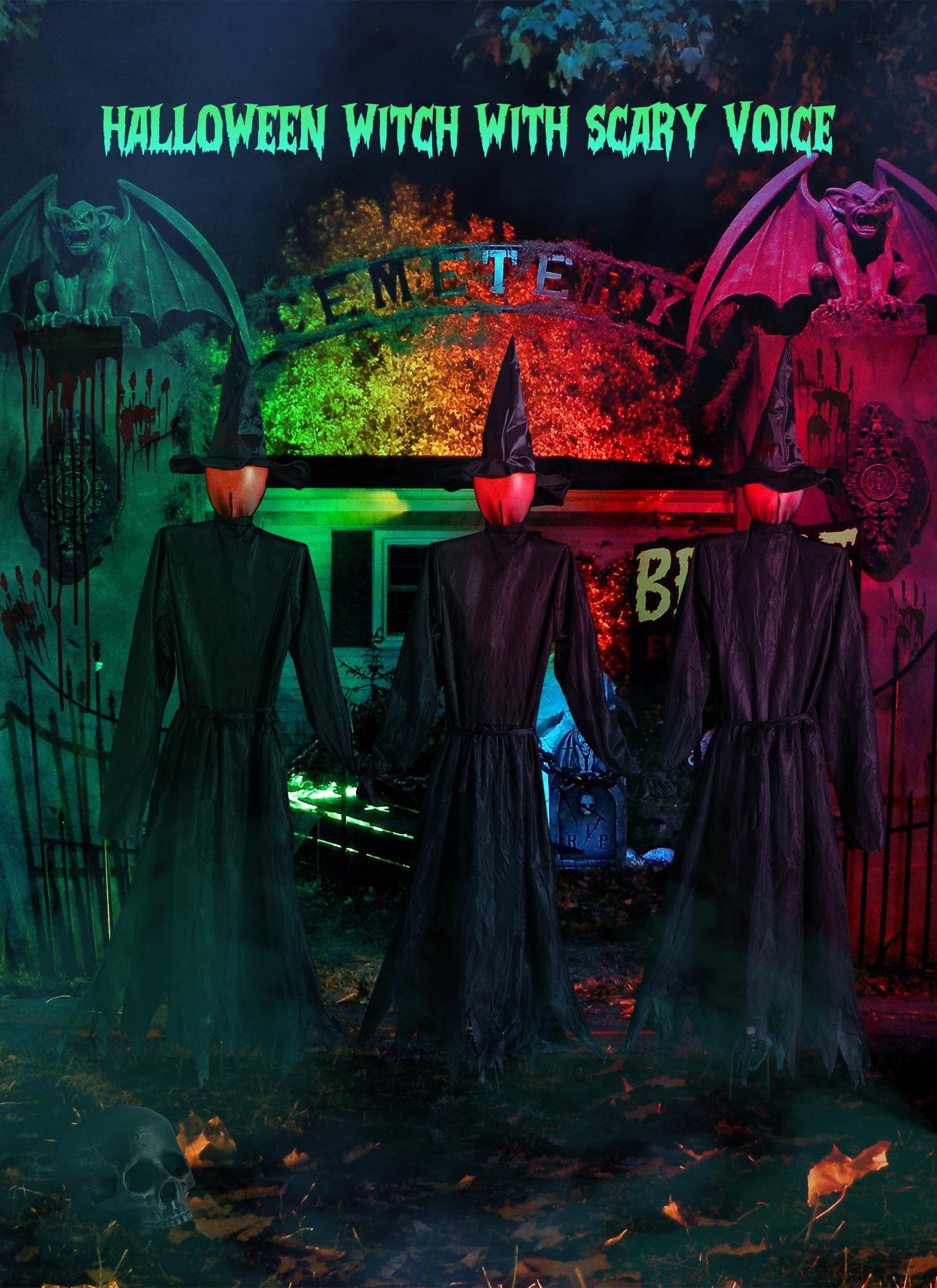 Halloween Decorations Outdoor 3PCS Light Up Witches Holding Hands Witches with Stakes, Scary Screaming Witches with Glowing Face, Creepy Halloween Party Props Decor for Yard Garden Outside Lawn Porch