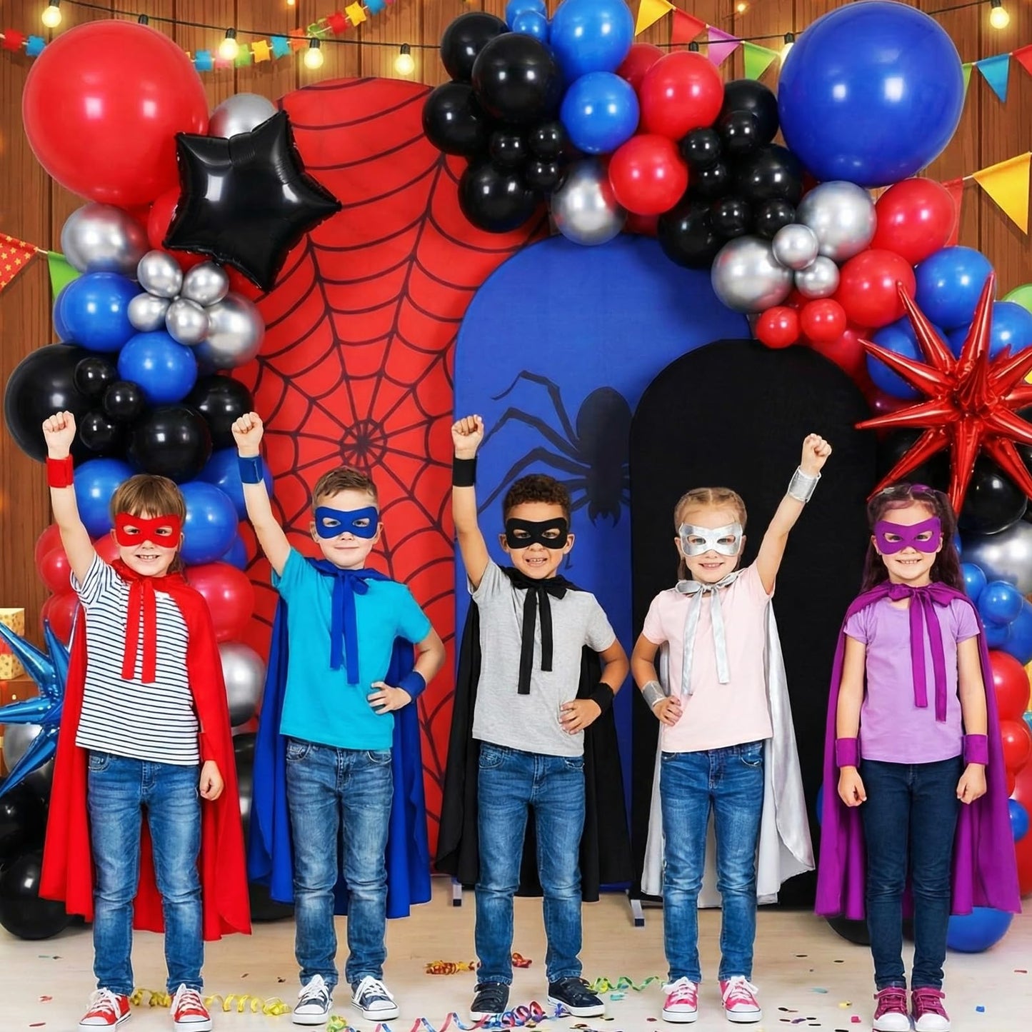 Hillsuren 137 Pcs Spider Web Theme Party Decoration Kit 4ft, 5ft, 6ft Red Black Blue Spider Web Arch Cover Backdrop Balloons Glue Ribbon Strip for Birthday Baby Shower Wedding Photography Decor