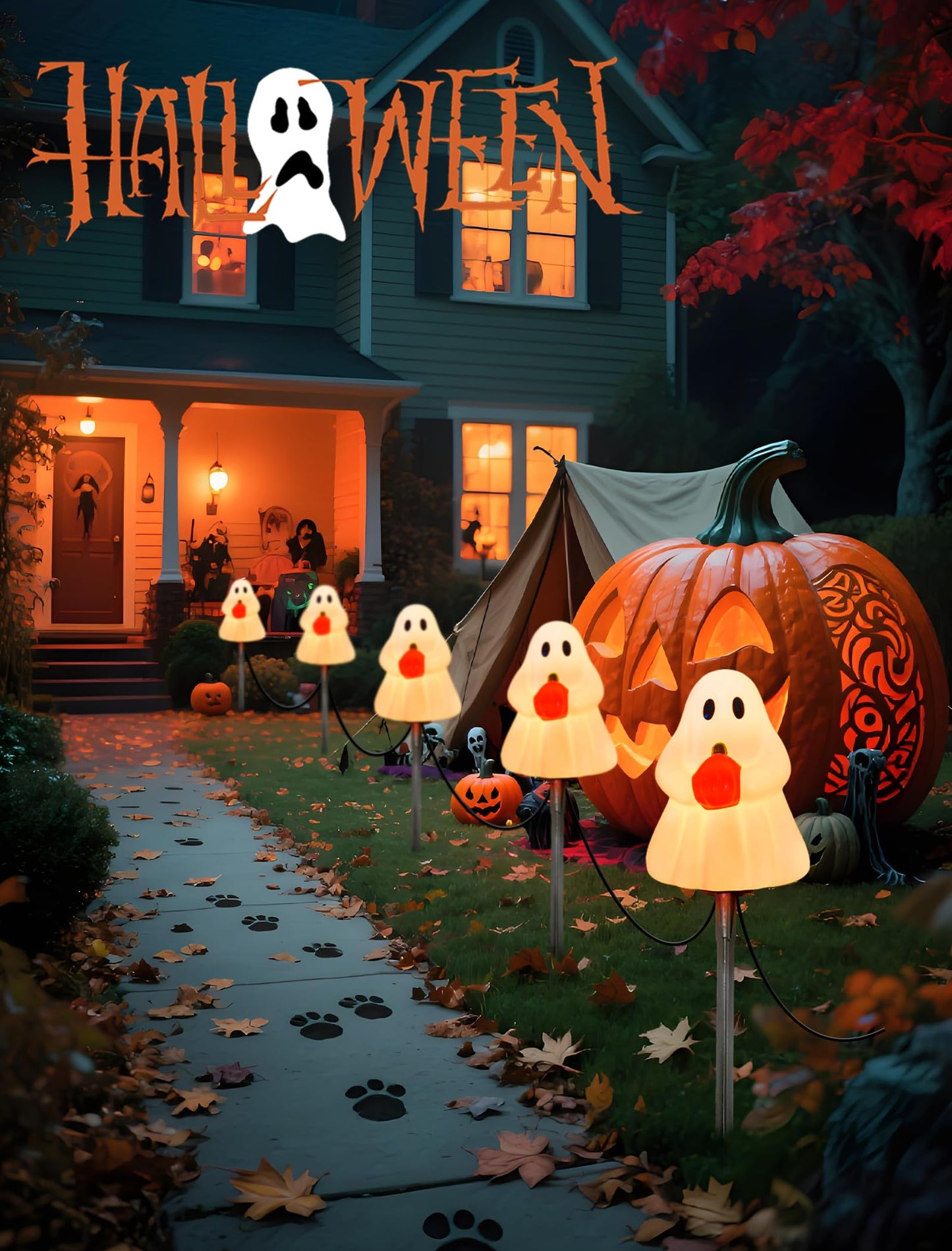 Halloween Ghost Pathway Lights Outdoor, 7Ft C7 Halloween Decorations Pathway String Lights with 4 Elves Holding Pumpkin Walkway Lights Waterproof, Plug-in Night Lights for Porch Yard Patio Garden