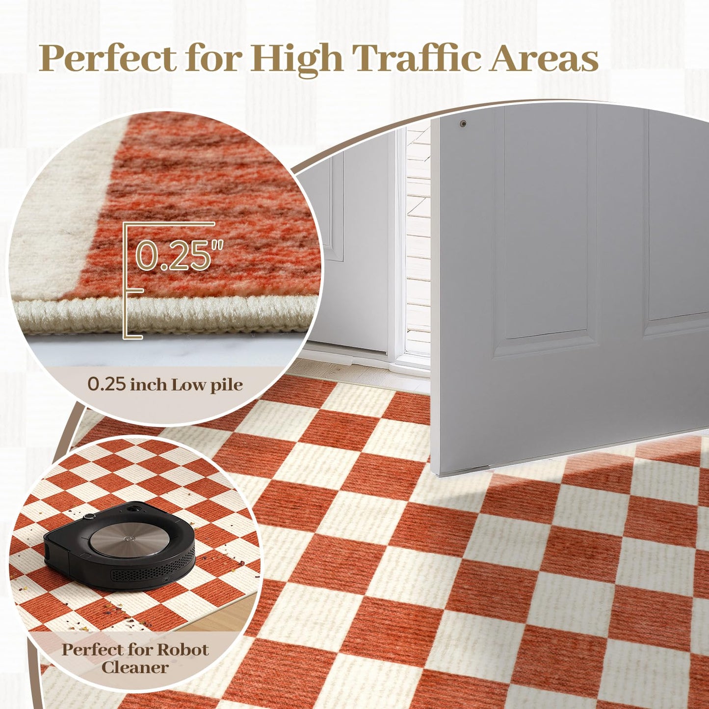 Machine Washable 5x7 Area Rugs for Living Room Checkered, Non Slip Soft Low Pile Farmhouse Halloween Modern Neutral Playroom Boys Rugs for Bedroom, Large Carpet Rugs for Dining Room(Orange,5'x7')